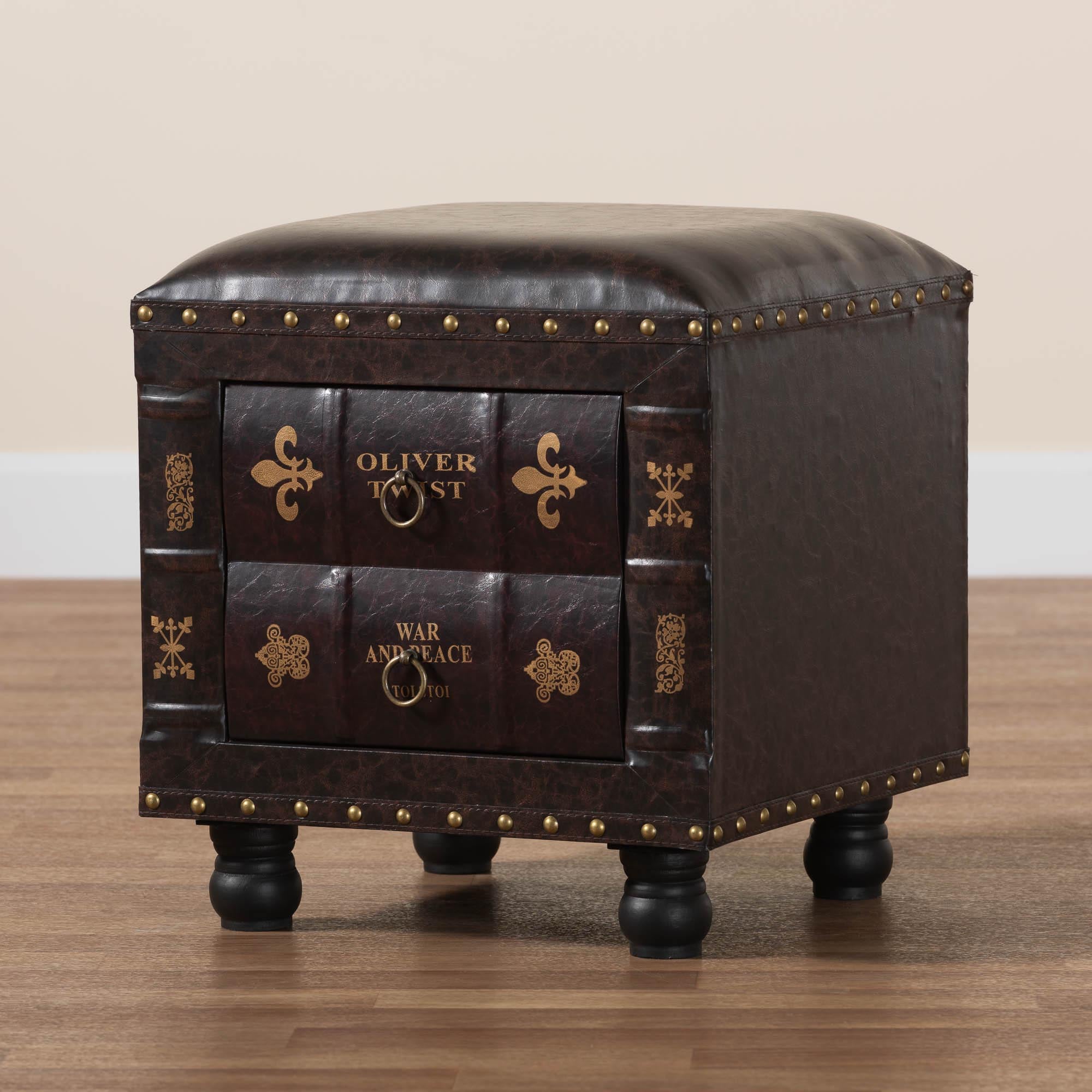 Baxton Studio Charlier Rustic Antique Inspired Dark Brown Faux Leather Upholstered Wood Storage Ottoman with Book Spine Drawer