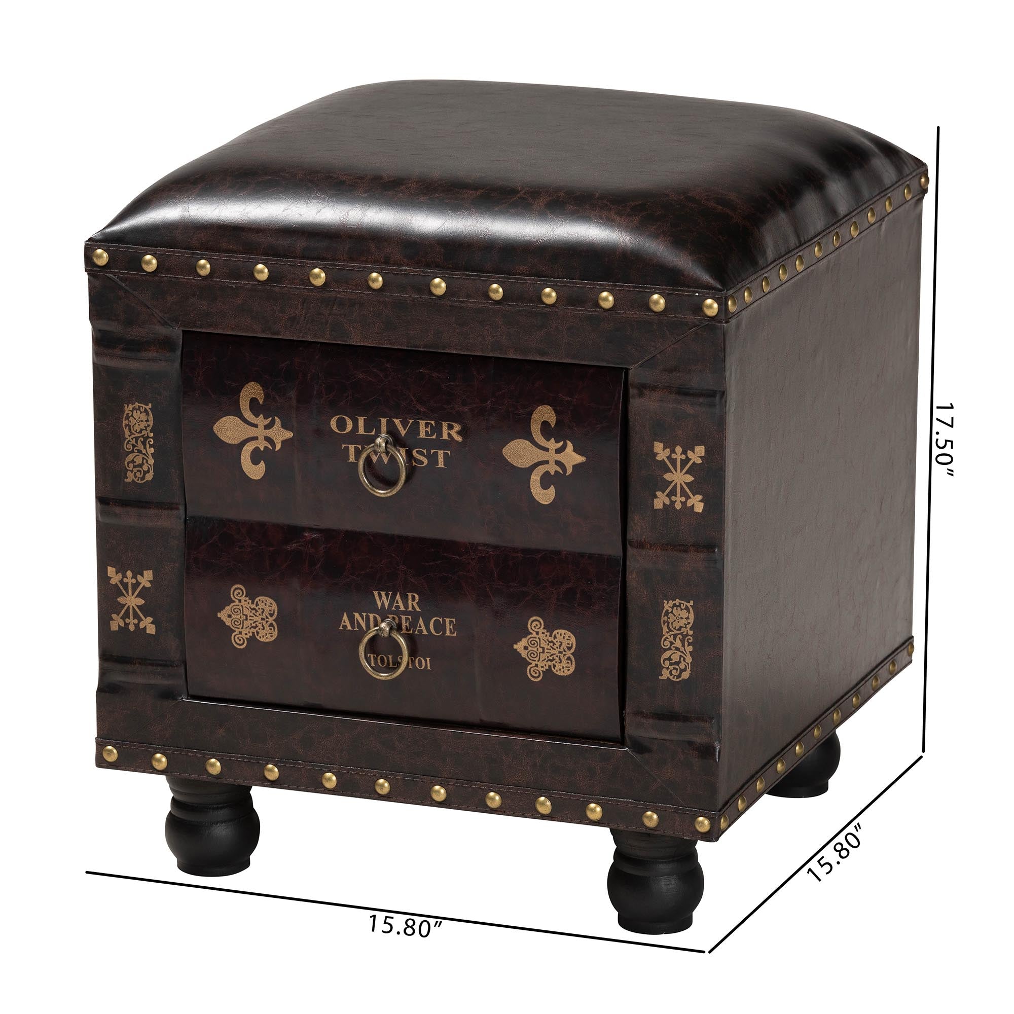 Baxton Studio Charlier Rustic Antique Inspired Dark Brown Faux Leather Upholstered Wood Storage Ottoman with Book Spine Drawer