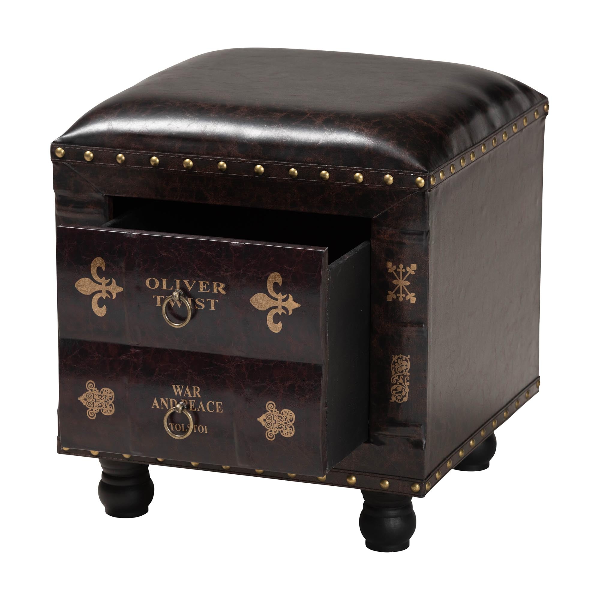 Baxton Studio Charlier Rustic Antique Inspired Dark Brown Faux Leather Upholstered Wood Storage Ottoman with Book Spine Drawer