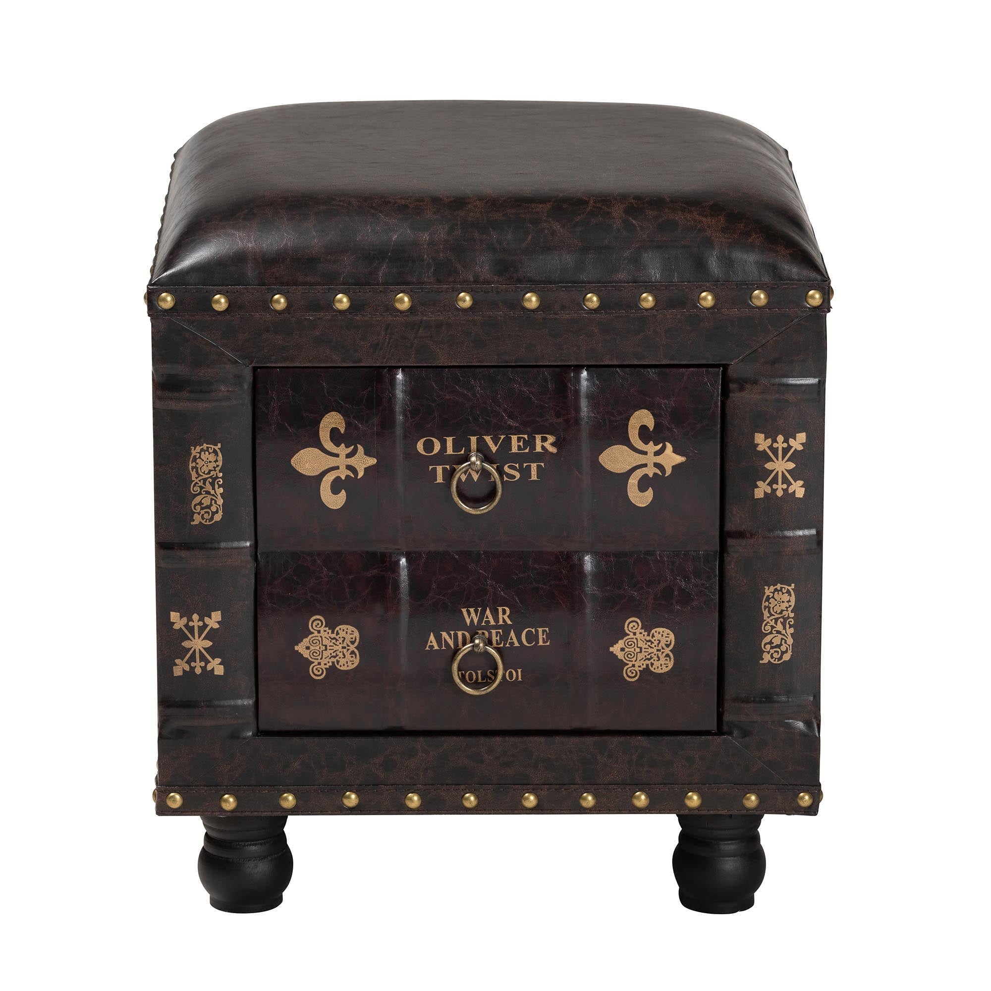 Baxton Studio Charlier Rustic Antique Inspired Dark Brown Faux Leather Upholstered Wood Storage Ottoman with Book Spine Drawer
