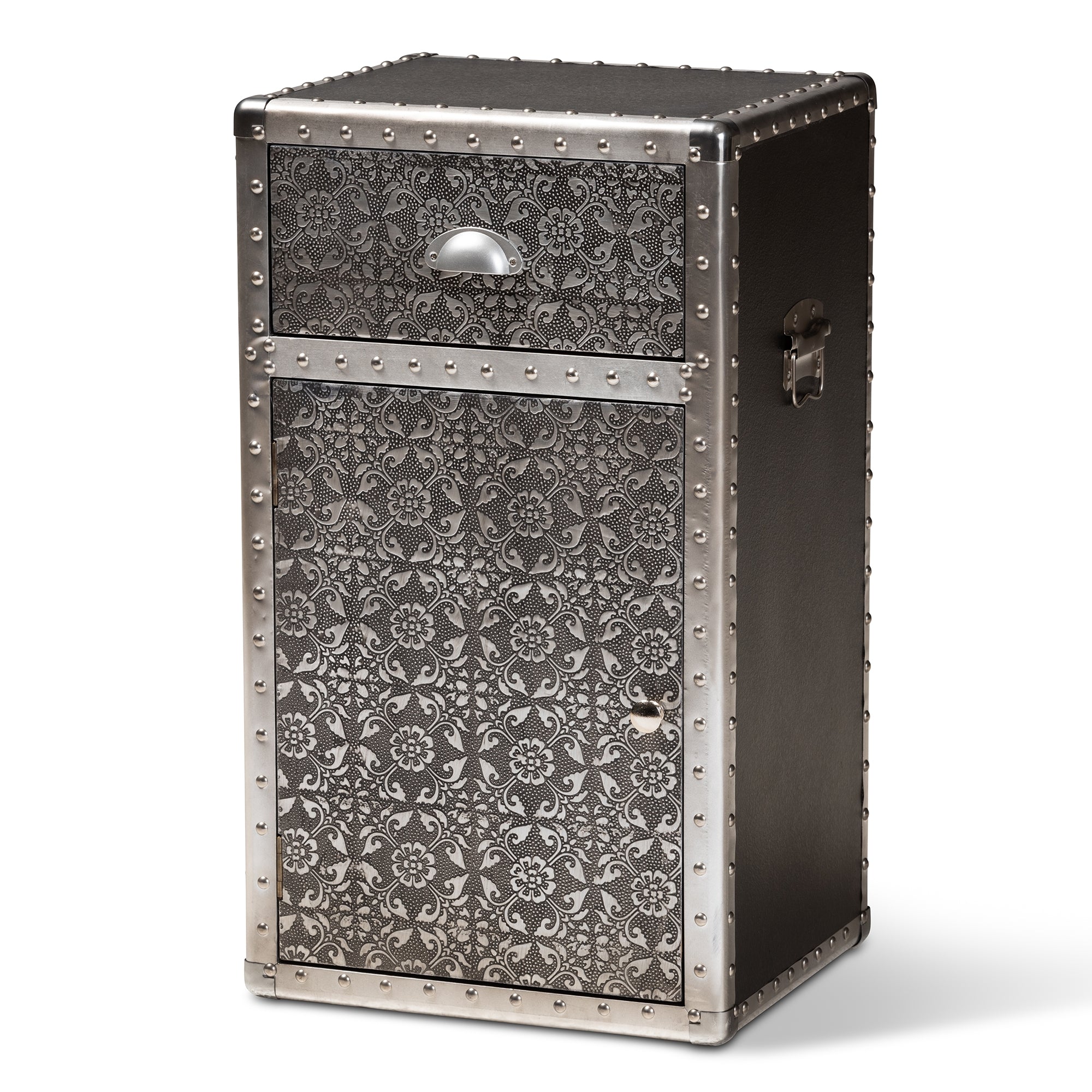 Baxton Studio Cosette Vintage Industrial Silver Metal Floral Accent Cabinet