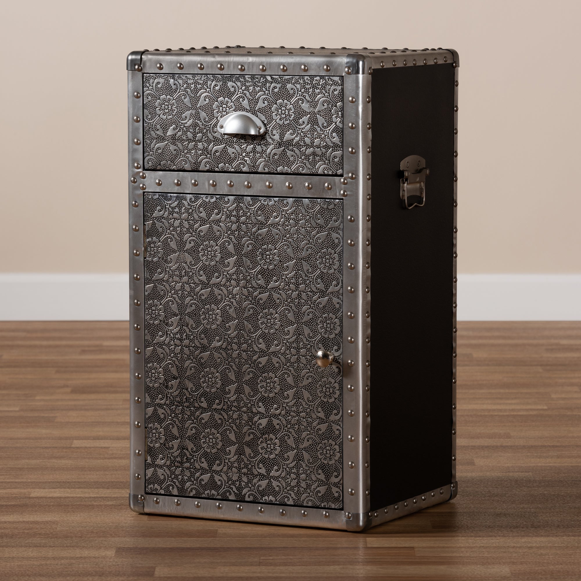 Baxton Studio Cosette Vintage Industrial Silver Metal Floral Accent Cabinet