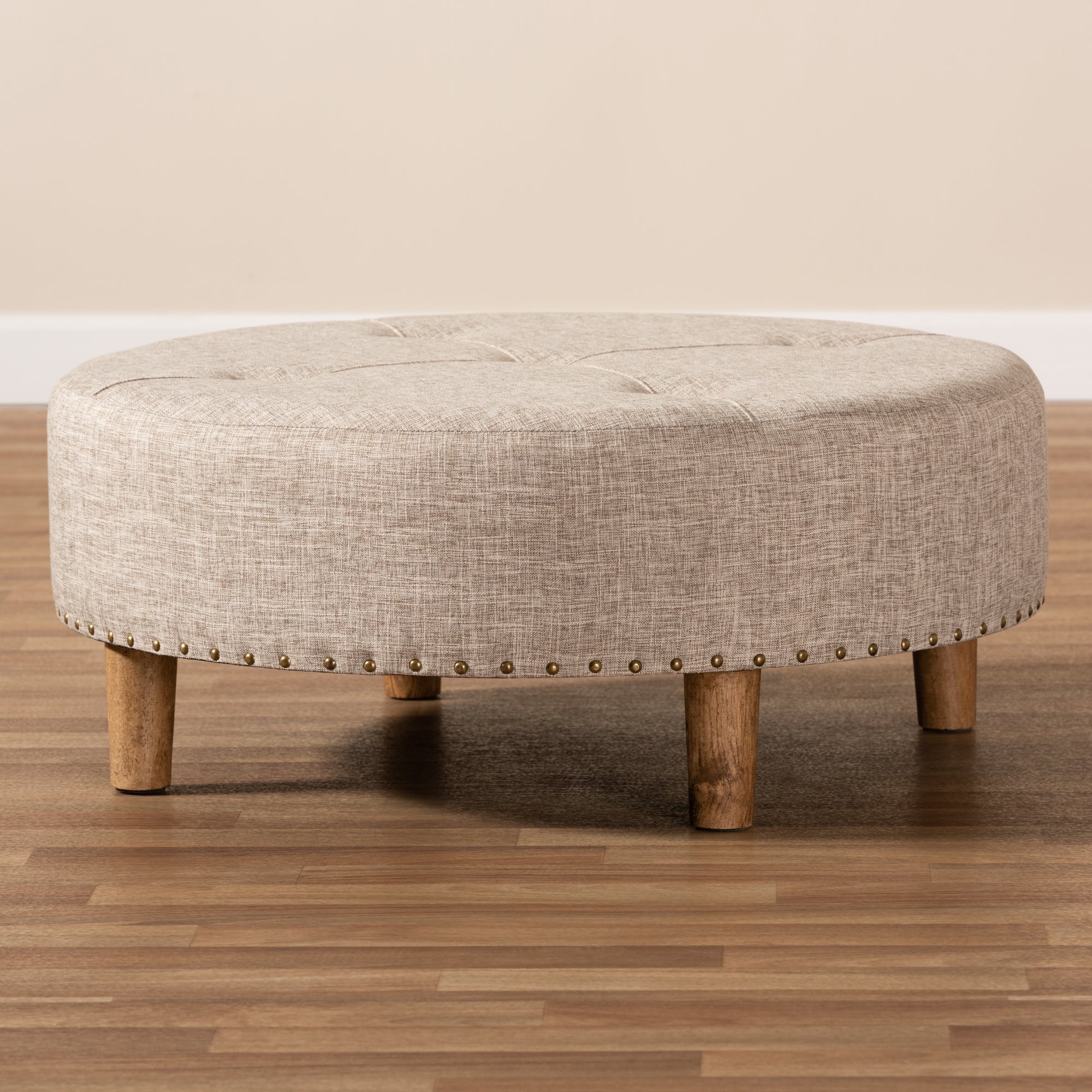 Baxton Studio Vinet Modern and Contemporary Beige Fabric Upholstered Natural Wood Cocktail Ottoman