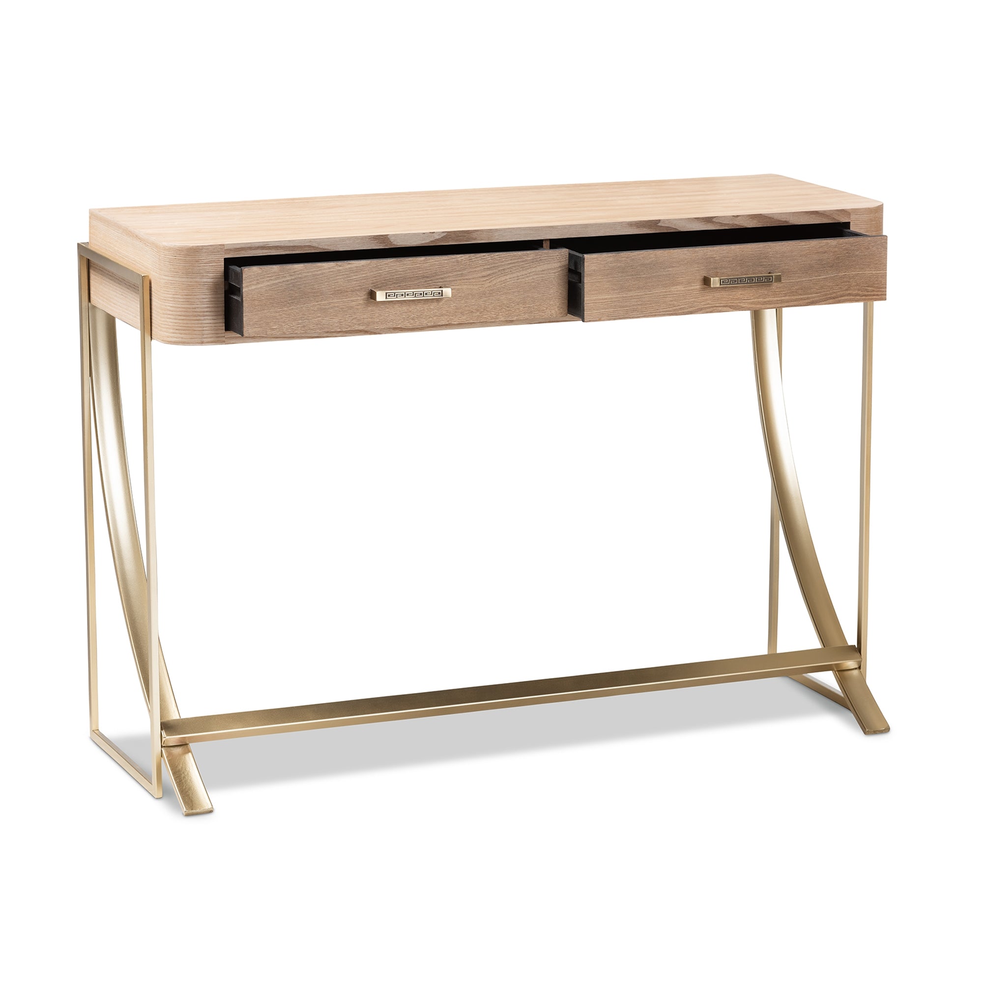 Baxton Studio Lafoy Modern and Contemporary Natural Brown Finished Wood and Gold Finished 2-Drawer Console Table