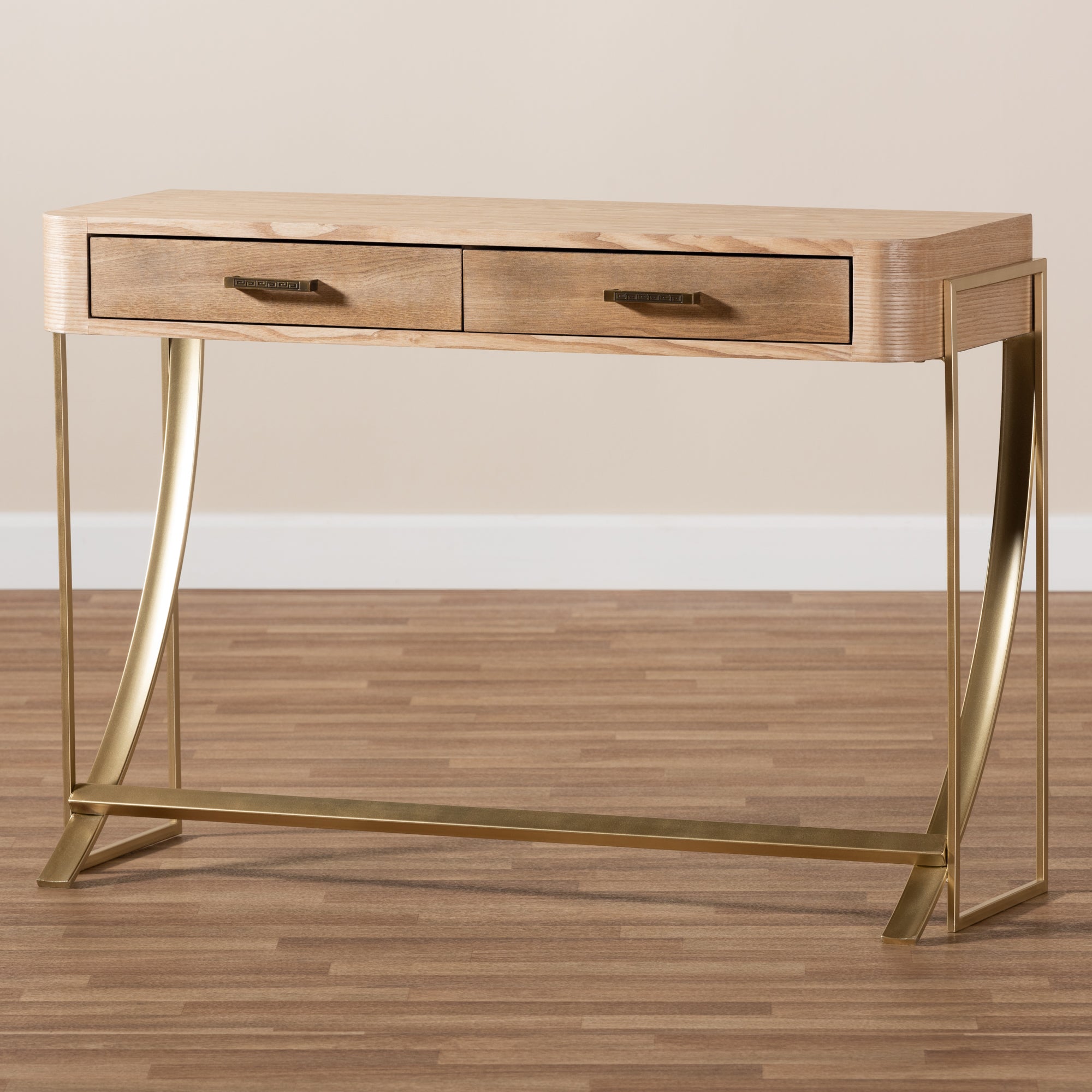 Baxton Studio Lafoy Modern and Contemporary Natural Brown Finished Wood and Gold Finished 2-Drawer Console Table