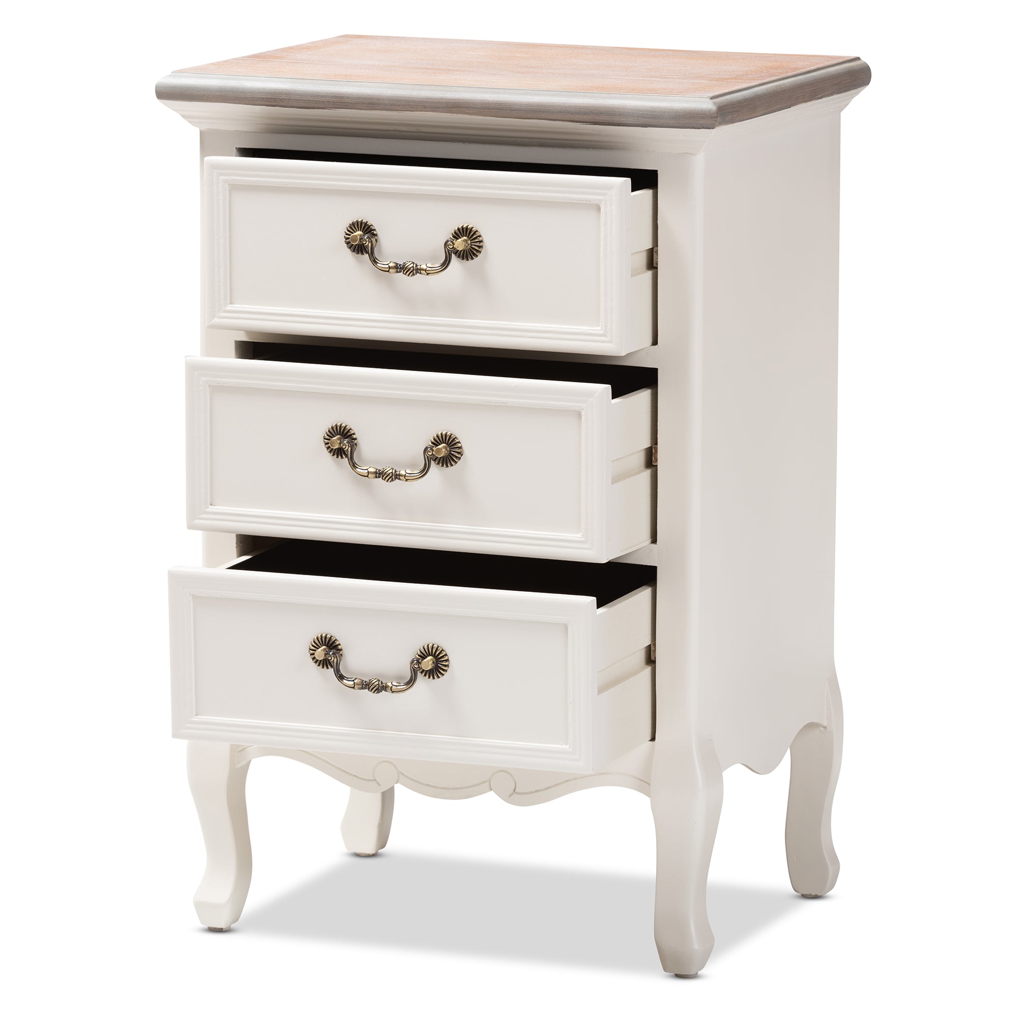 Baxton Studio Capucine Antique French Country Cottage Two Tone Natural Whitewashed Oak and White Finished Wood 3-Drawer End Table