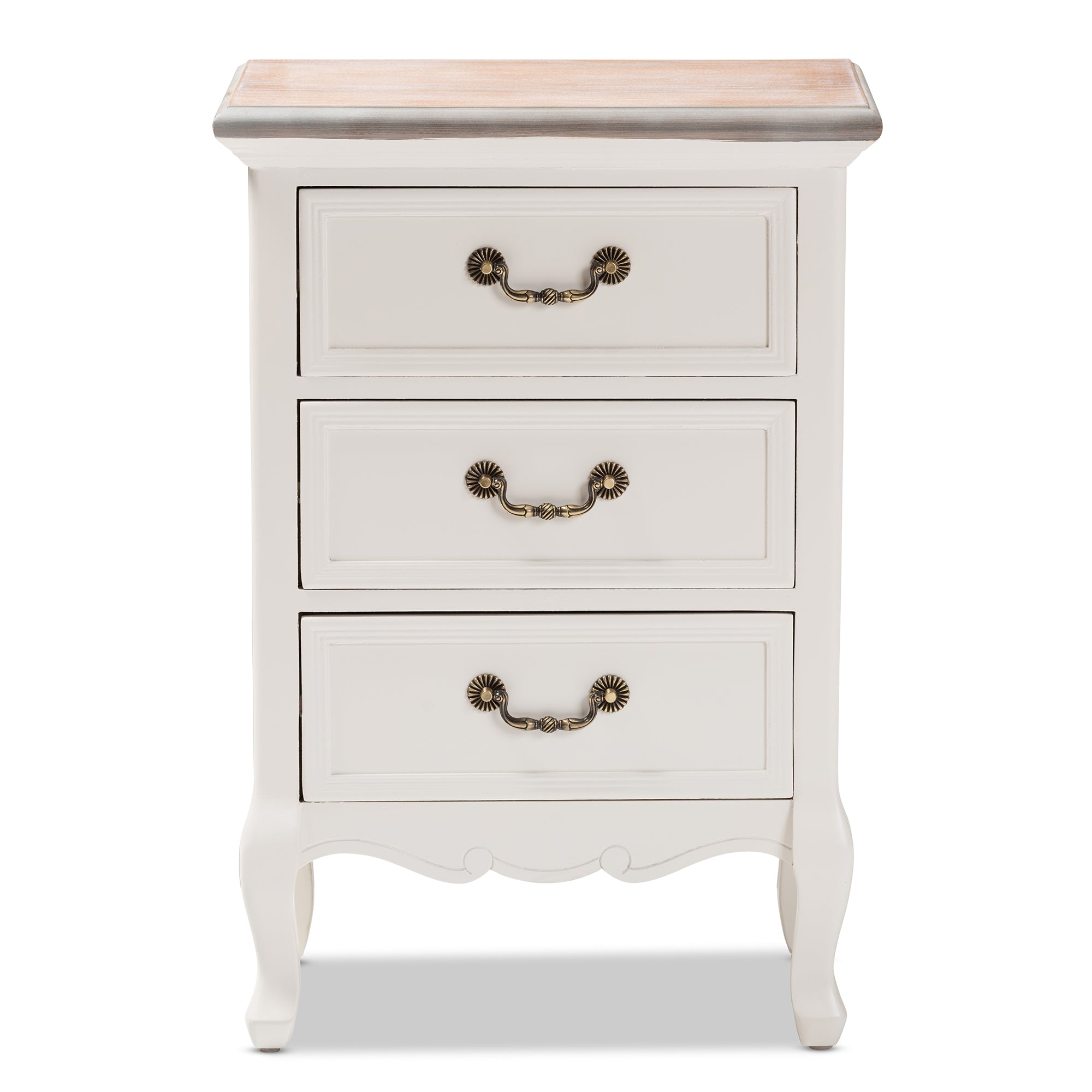 Baxton Studio Capucine Antique French Country Cottage Two Tone Natural Whitewashed Oak and White Finished Wood 3-Drawer End Table