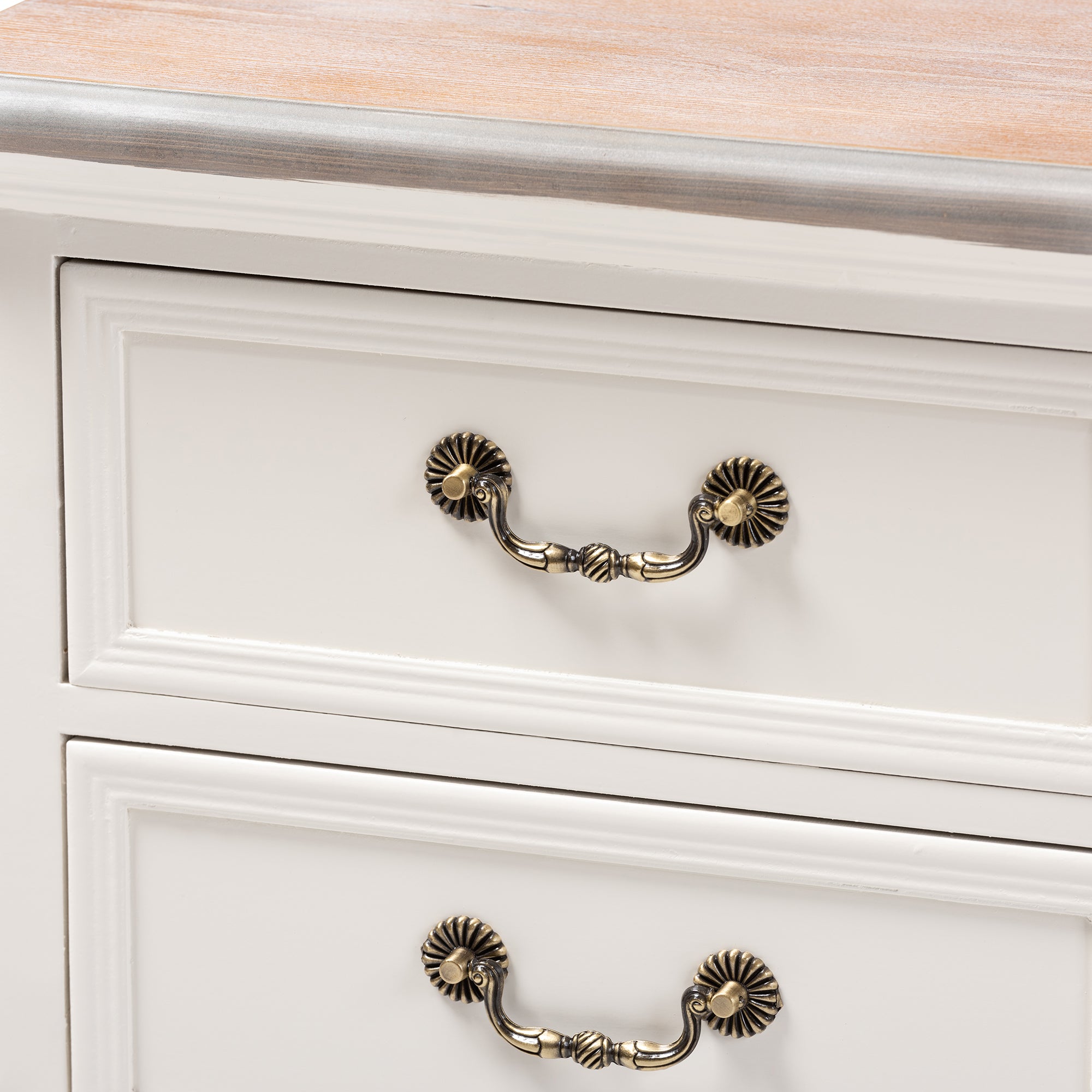 Baxton Studio Capucine Antique French Country Cottage Two Tone Natural Whitewashed Oak and White Finished Wood 3-Drawer End Table
