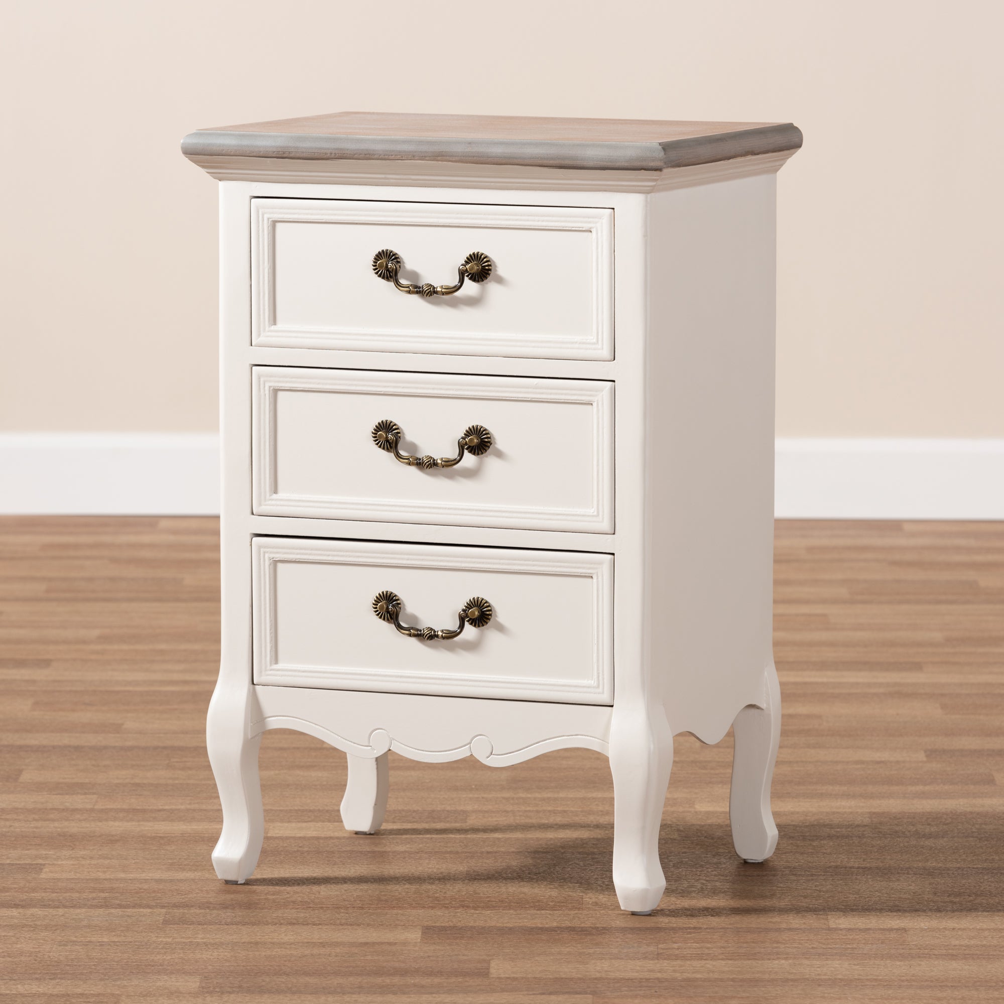 Baxton Studio Capucine Antique French Country Cottage Two Tone Natural Whitewashed Oak and White Finished Wood 3-Drawer End Table