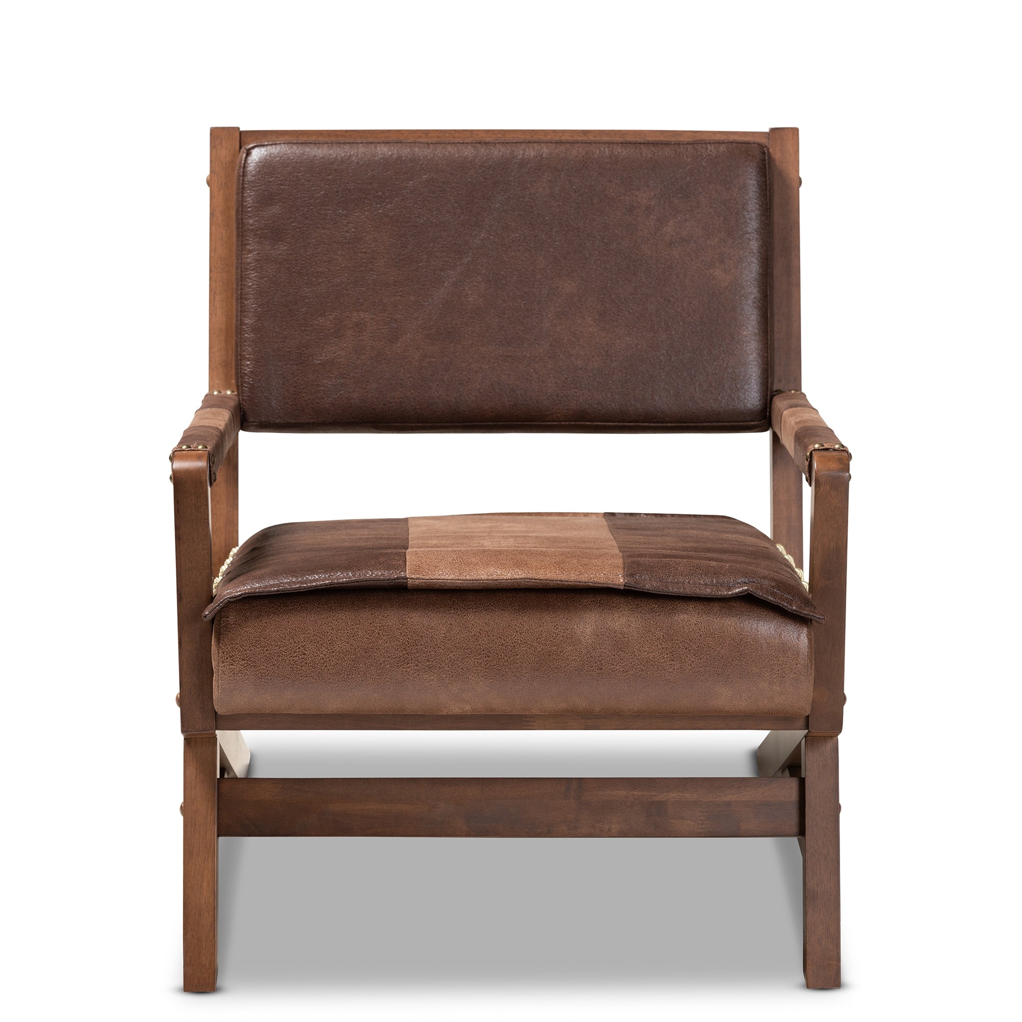 Baxton Studio Rovelyn Rustic Brown Faux Leather Upholstered Walnut Finished Wood Lounge Chair