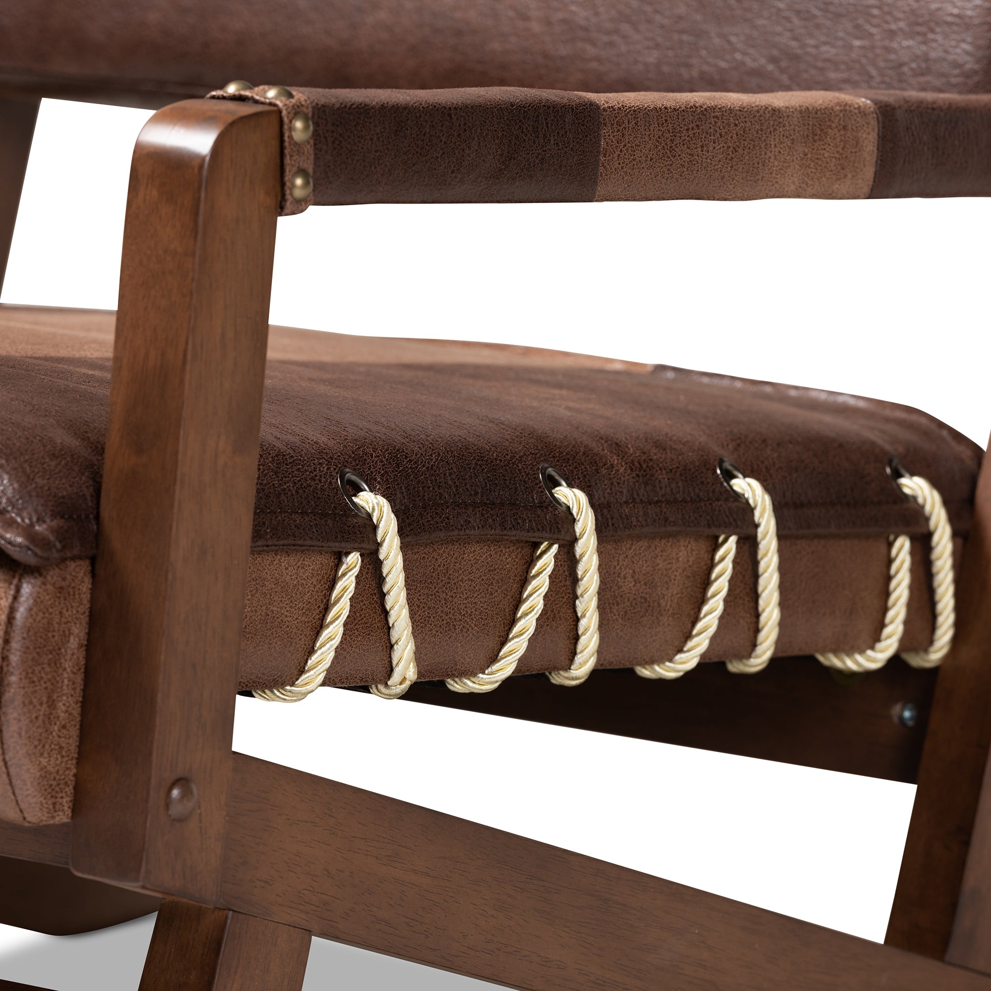 Baxton Studio Rovelyn Rustic Brown Faux Leather Upholstered Walnut Finished Wood Lounge Chair