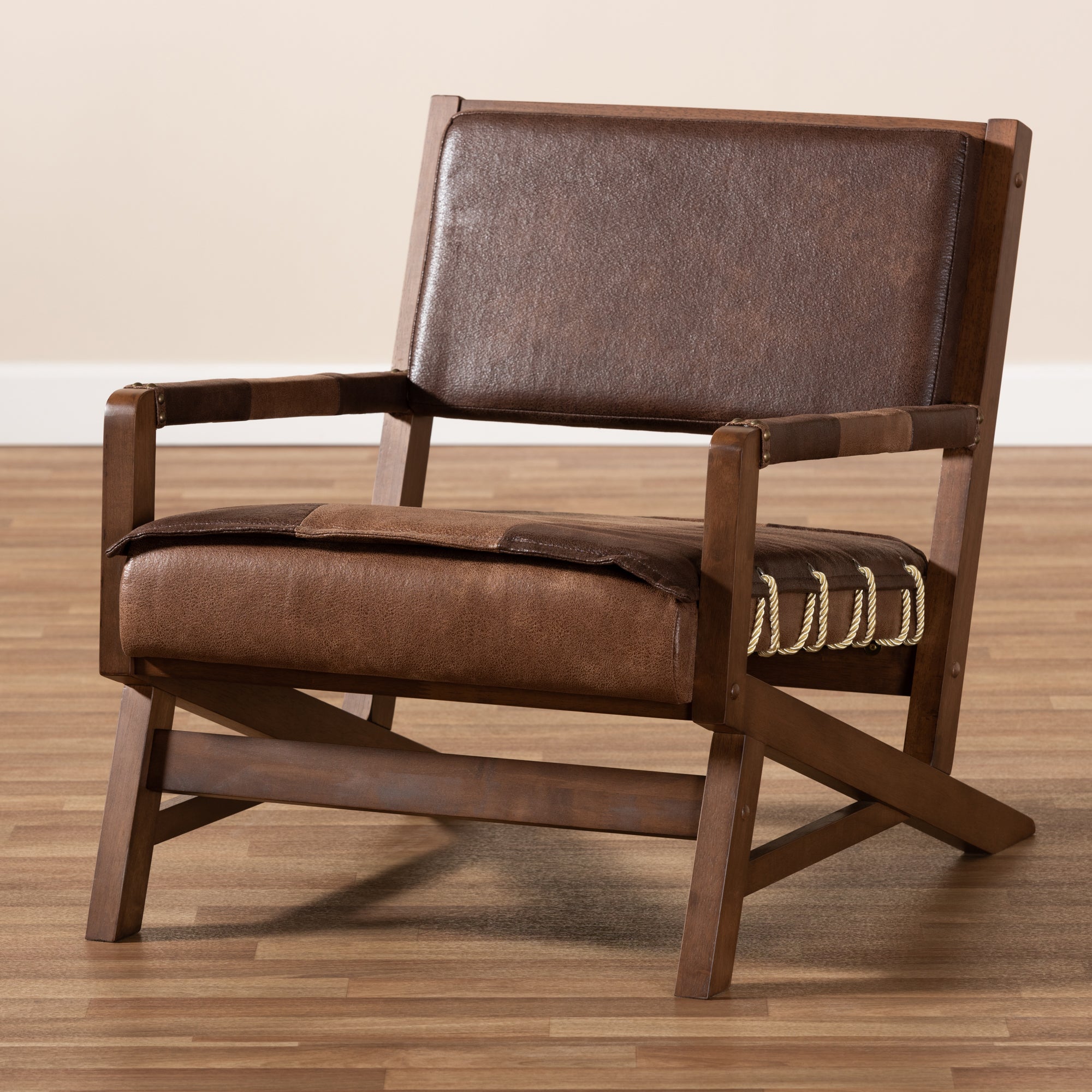 Baxton Studio Rovelyn Rustic Brown Faux Leather Upholstered Walnut Finished Wood Lounge Chair