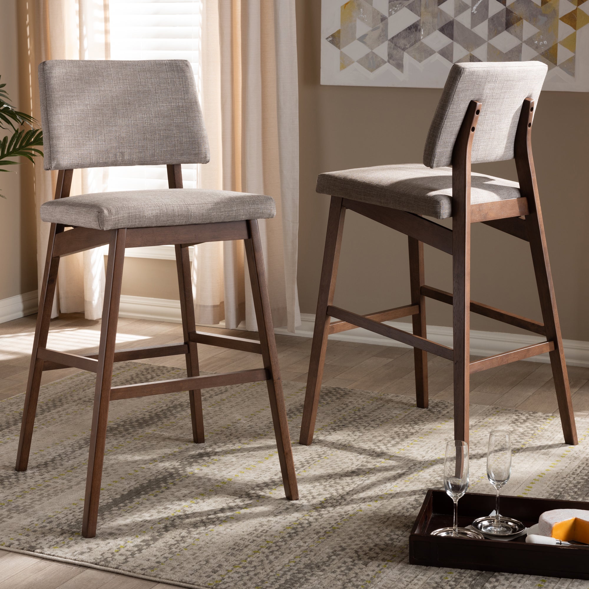 Baxton Studio Colton Mid-Century Modern Light Gray Fabric Upholstered and Walnut-Finished Wood Bar Stool Set of 2