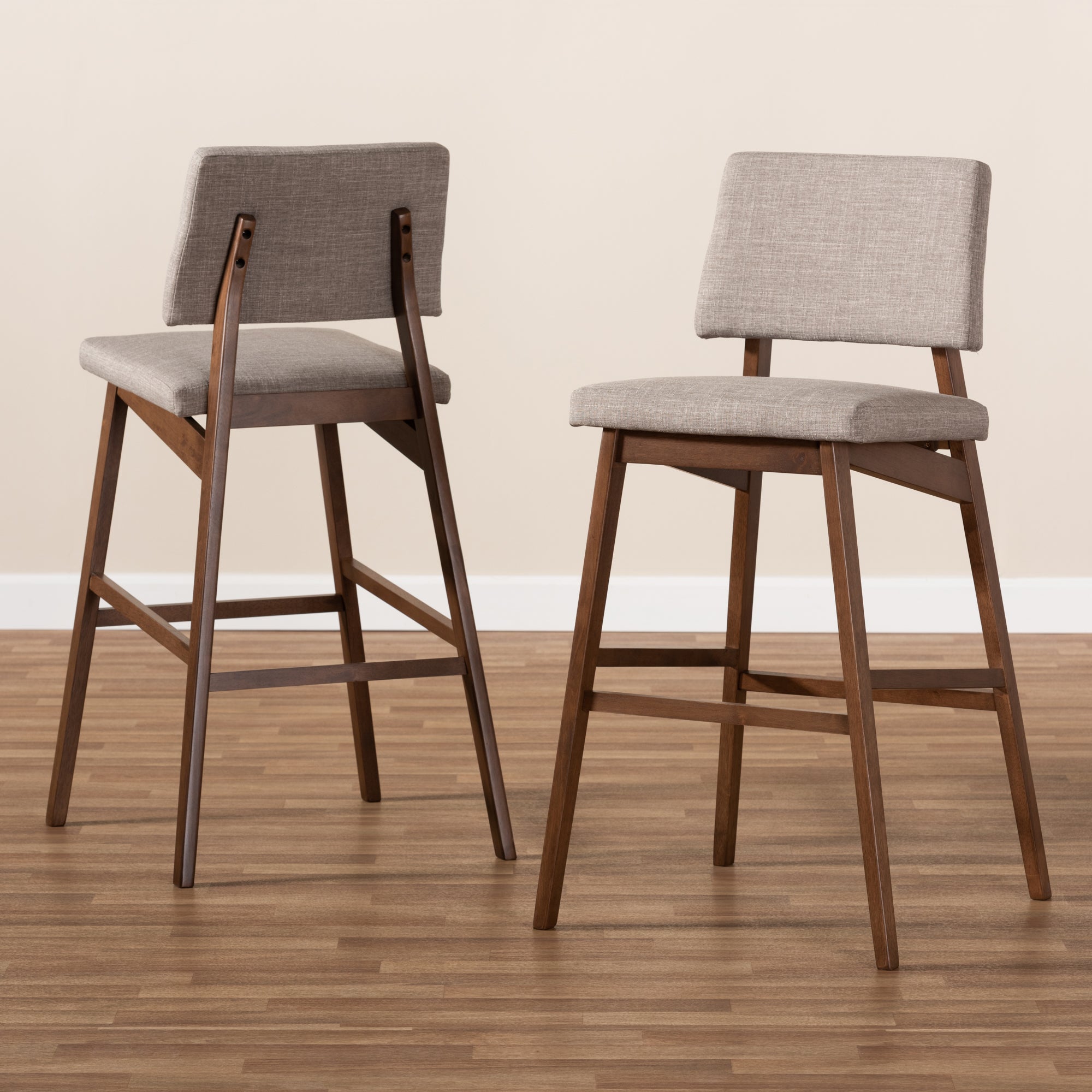 Baxton Studio Colton Mid-Century Modern Light Gray Fabric Upholstered and Walnut-Finished Wood Bar Stool Set of 2