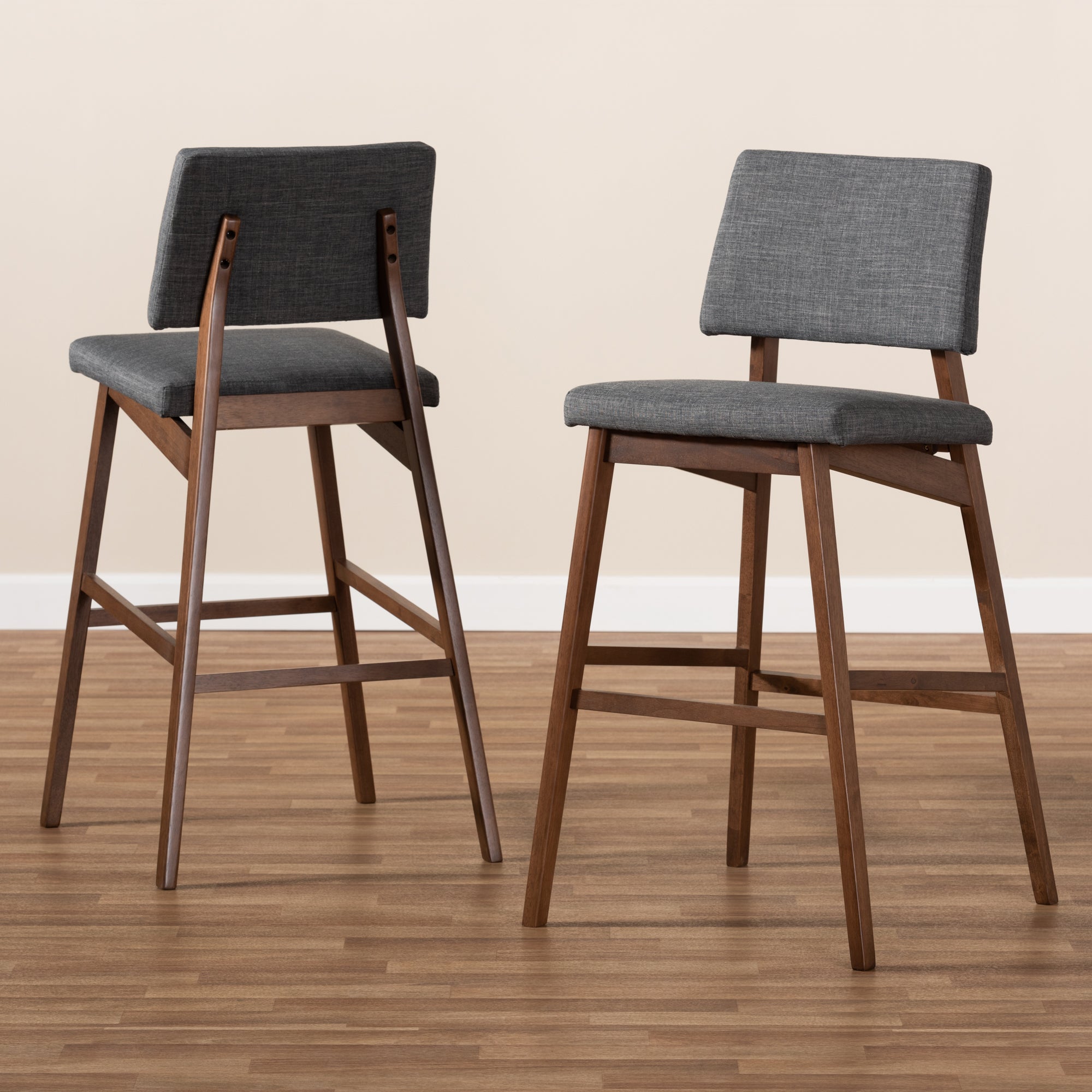 Baxton Studio Colton Mid-Century Modern Dark Gray Fabric Upholstered and Walnut-Finished Wood Bar Stool Set of 2