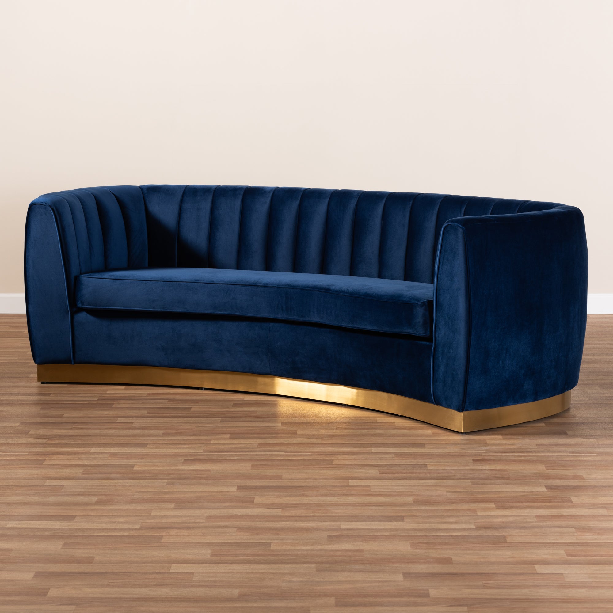 Baxton Studio Milena Glam Royal Blue Velvet Fabric Upholstered Gold-Finished Sofa