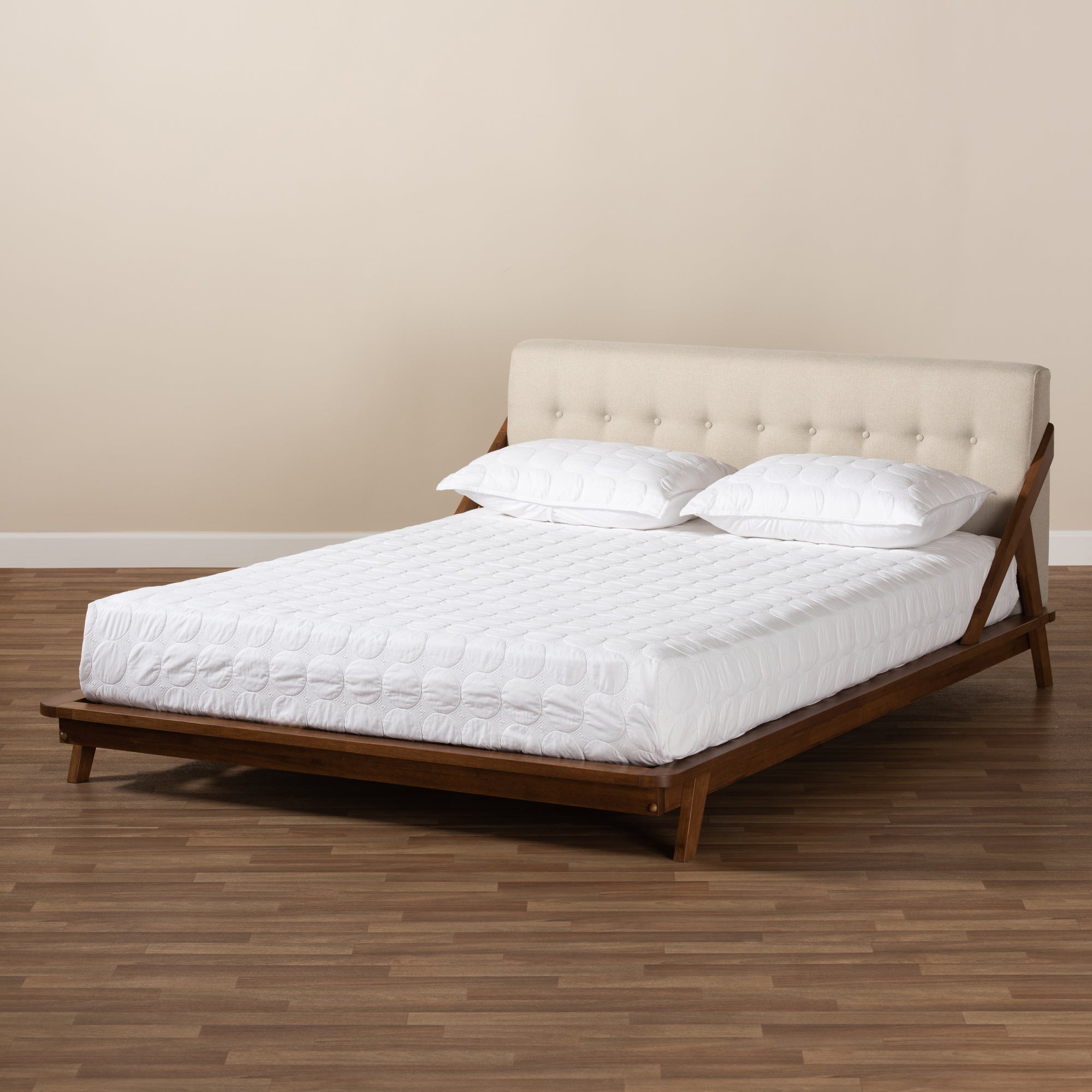 Baxton Studio Sante Mid-Century Modern Light Beige Fabric Upholstered Wood King Size Platform Bed