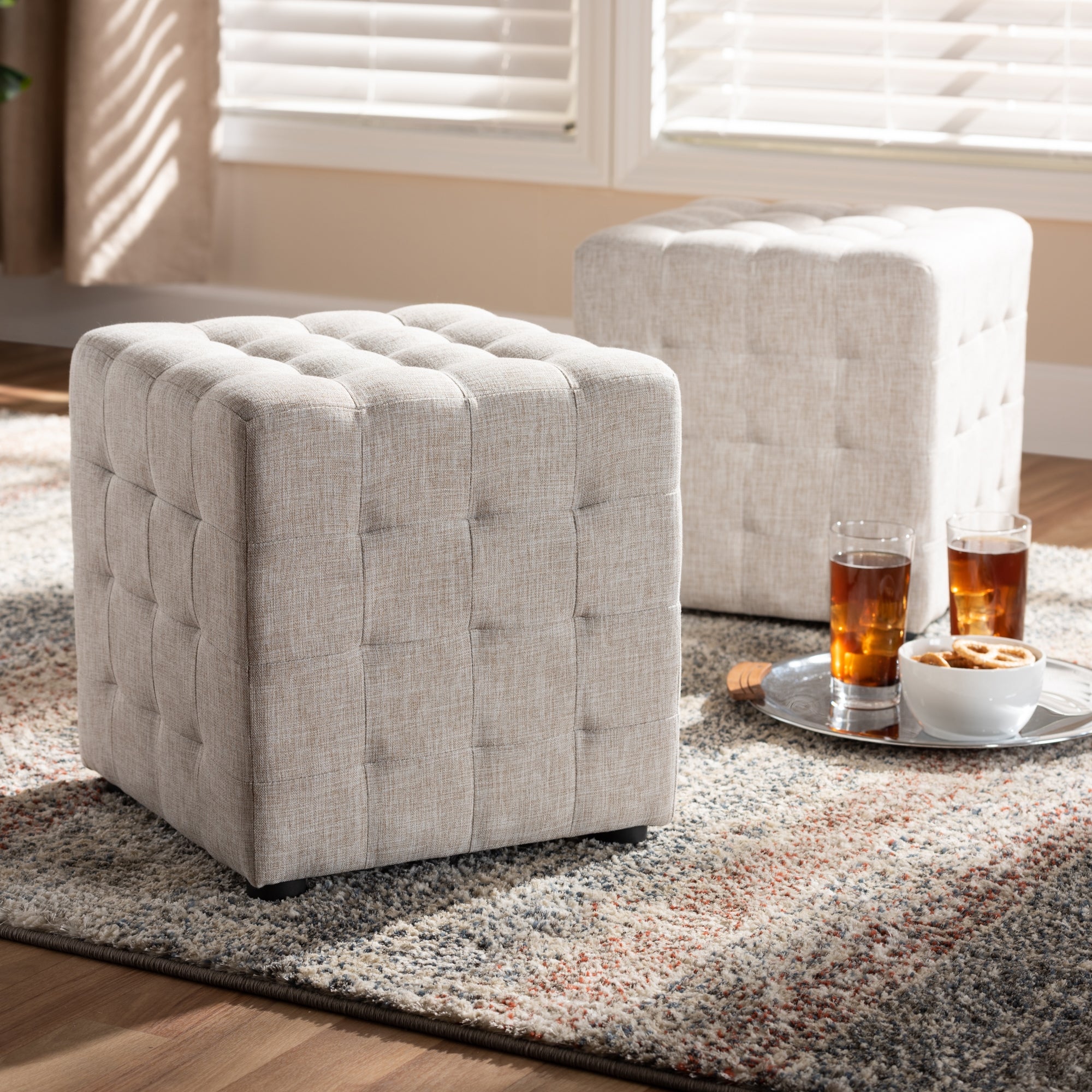 Baxton Studio Elladio Modern and Contemporary Beige Fabric Upholstered Tufted Cube Ottoman (Set of 2)