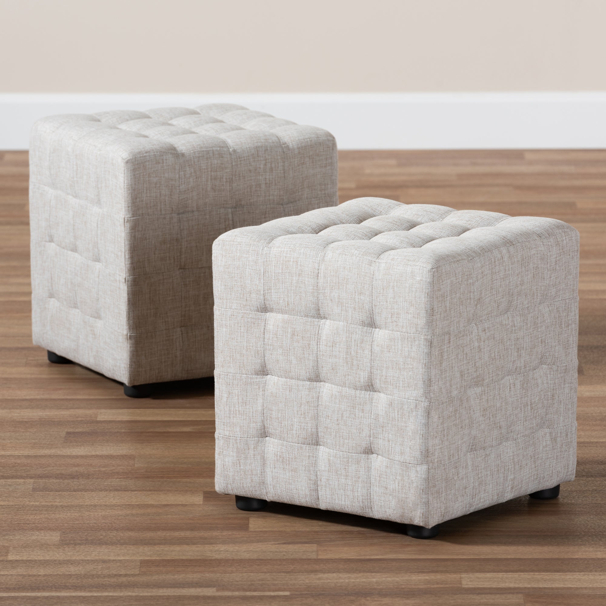 Baxton Studio Elladio Modern and Contemporary Beige Fabric Upholstered Tufted Cube Ottoman (Set of 2)