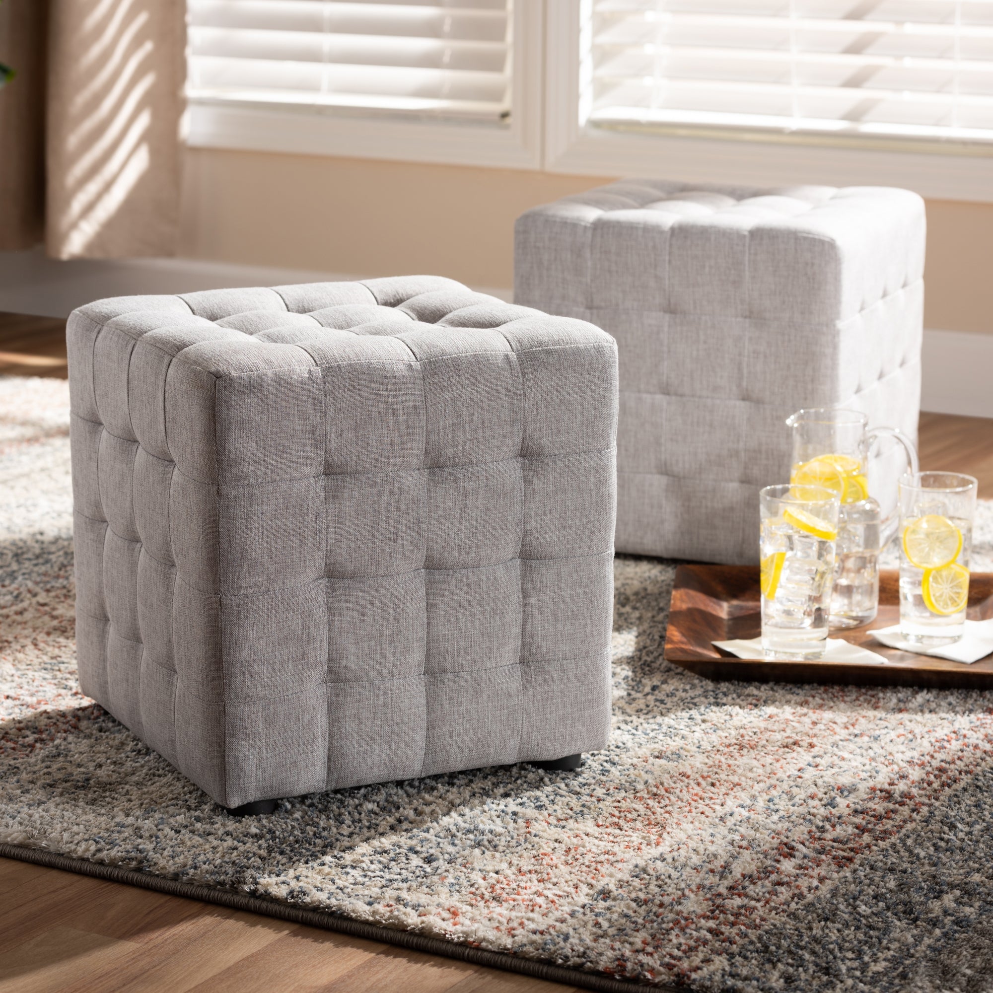 Baxton Studio Elladio Modern and Contemporary Greyish Beige Fabric Upholstered Tufted Cube Ottoman (Set of 2)