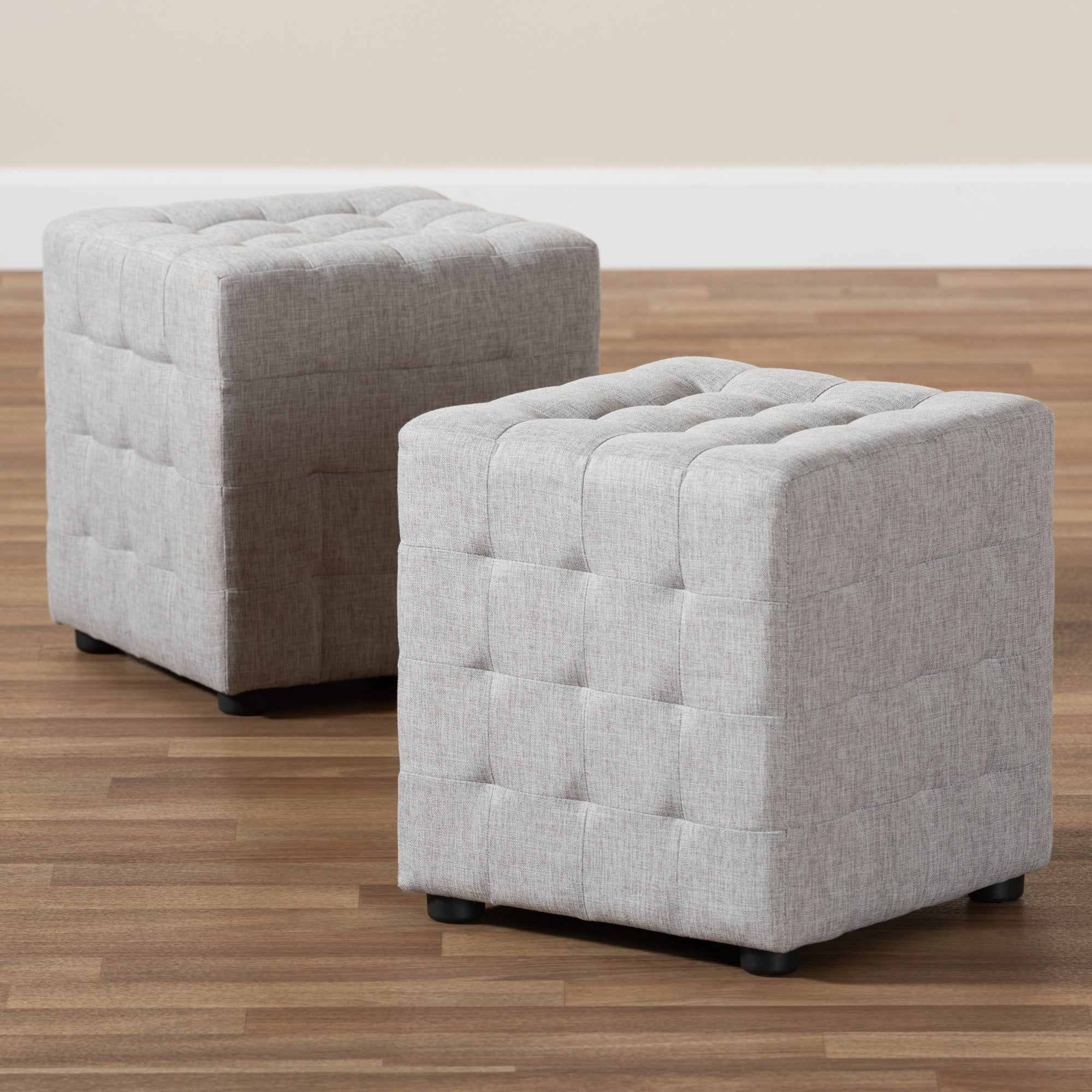 Baxton Studio Elladio Modern and Contemporary Greyish Beige Fabric Upholstered Tufted Cube Ottoman (Set of 2)