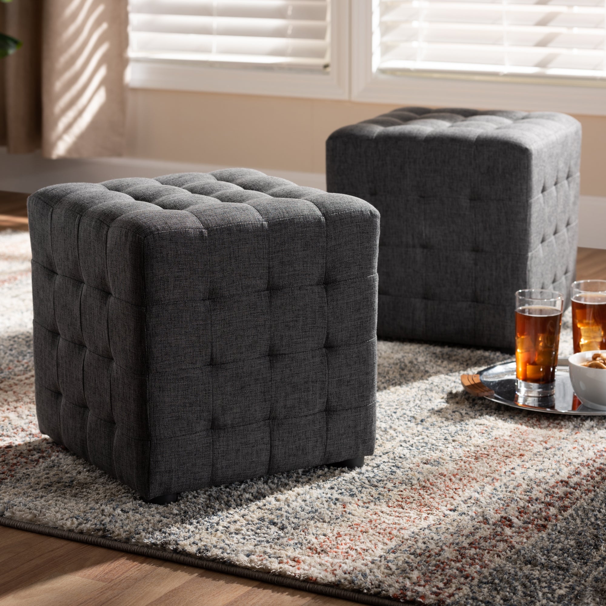 Baxton Studio Elladio Modern and Contemporary Dark Grey Fabric Upholstered Tufted Cube Ottoman (Set of 2)