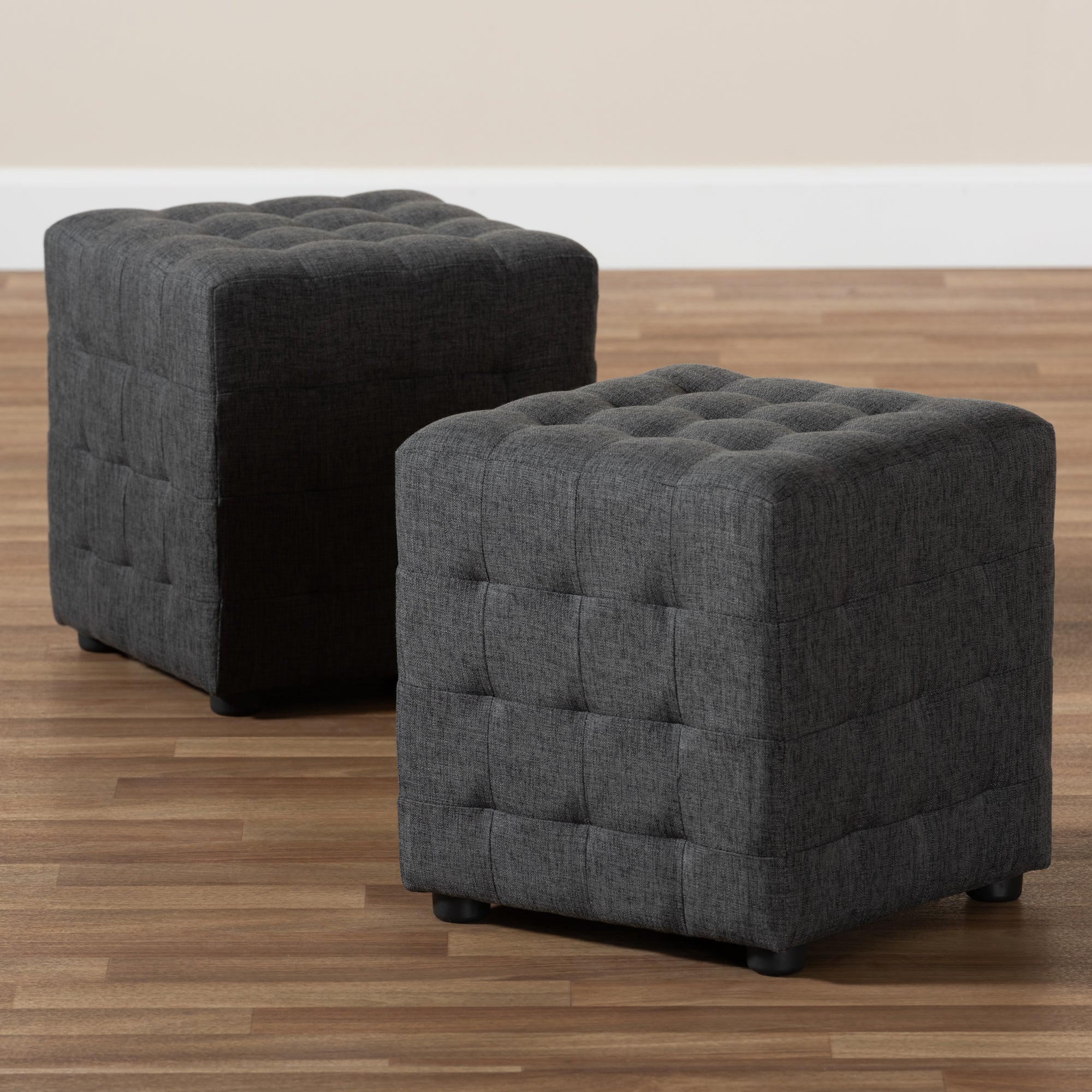 Baxton Studio Elladio Modern and Contemporary Dark Grey Fabric Upholstered Tufted Cube Ottoman (Set of 2)