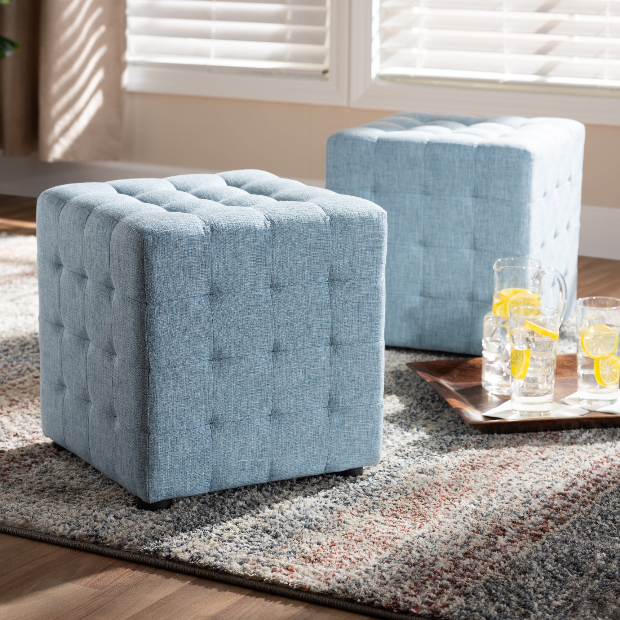 Baxton Studio Elladio Modern and Contemporary Light Blue Fabric Upholstered Tufted Cube Ottoman (Set of 2)