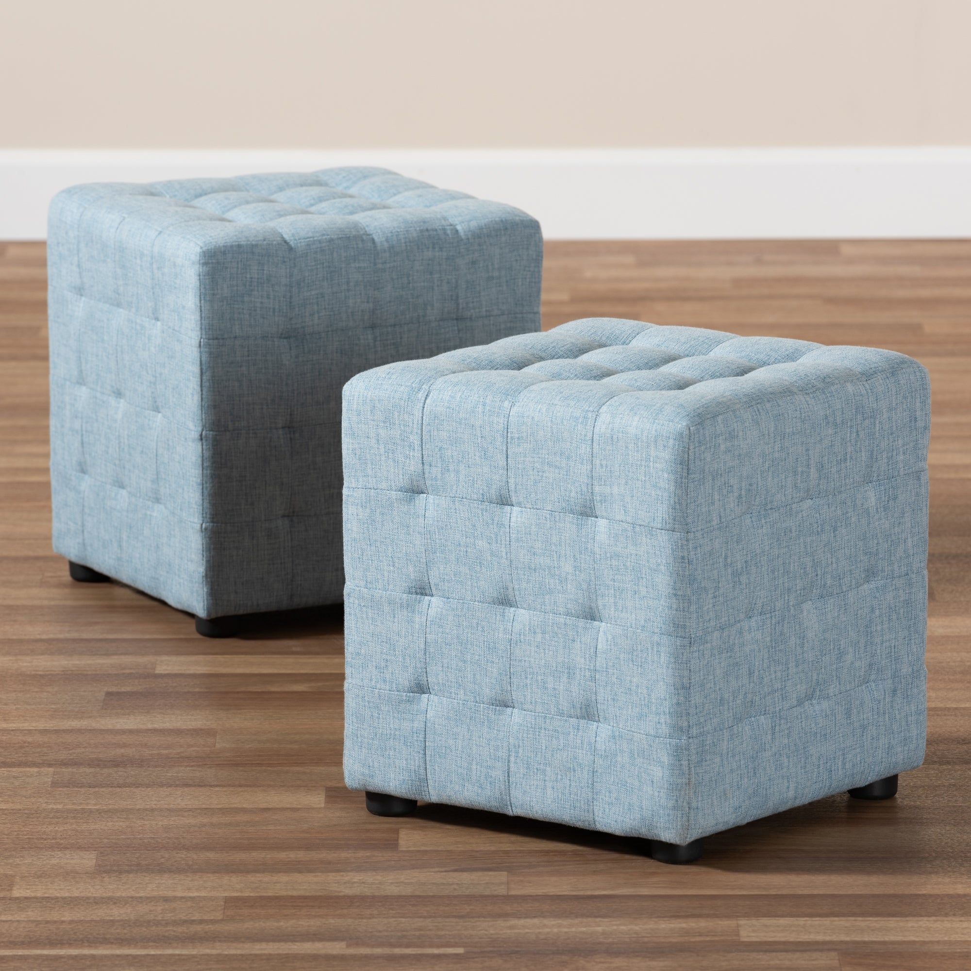 Baxton Studio Elladio Modern and Contemporary Light Blue Fabric Upholstered Tufted Cube Ottoman (Set of 2)