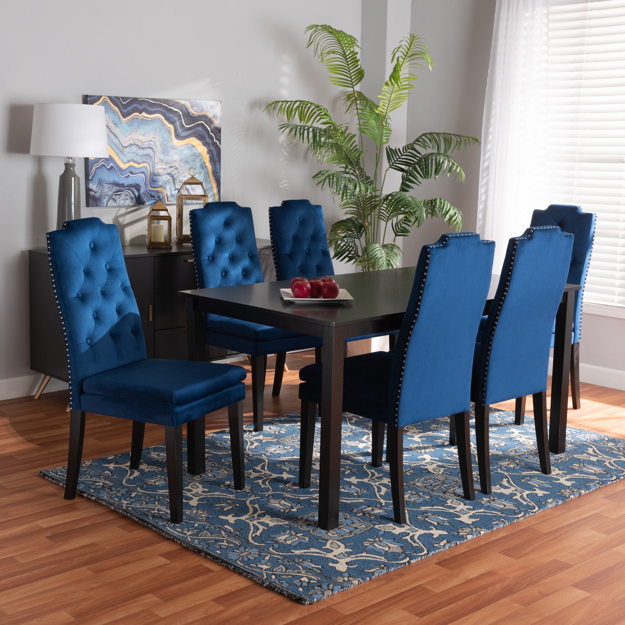 Baxton Studio Dylin Modern and Contemporary Navy Blue Velvet Fabric Upholstered and Dark Brown Finished Wood 7-Piece Dining Set
