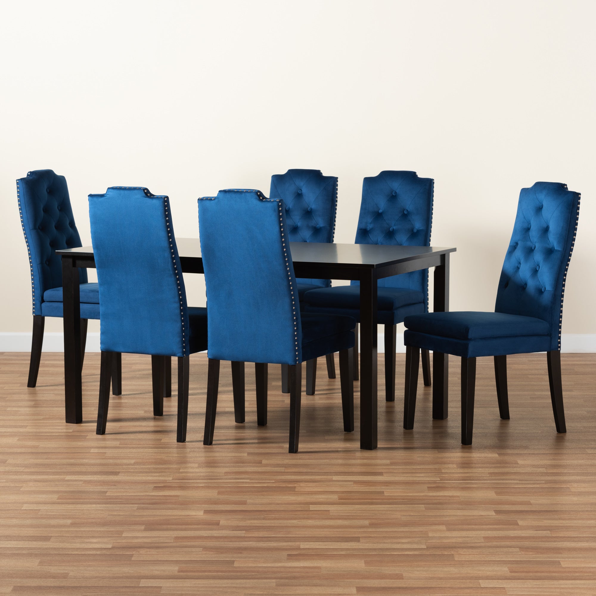 Baxton Studio Dylin Modern and Contemporary Navy Blue Velvet Fabric Upholstered and Dark Brown Finished Wood 7-Piece Dining Set
