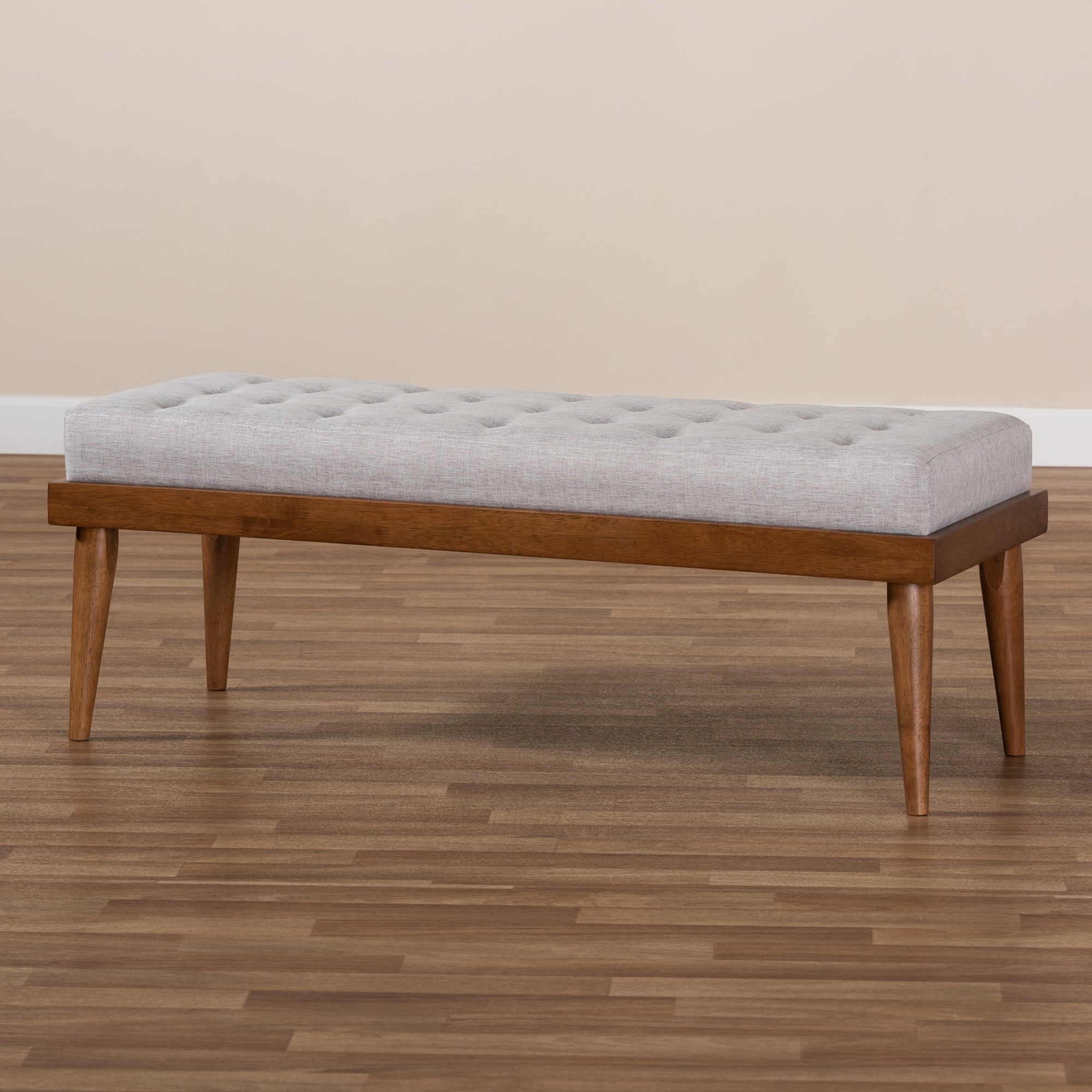 Baxton Studio Linus Mid-Century Modern Greyish Beige Fabric Upholstered and Button Tufted Wood Bench