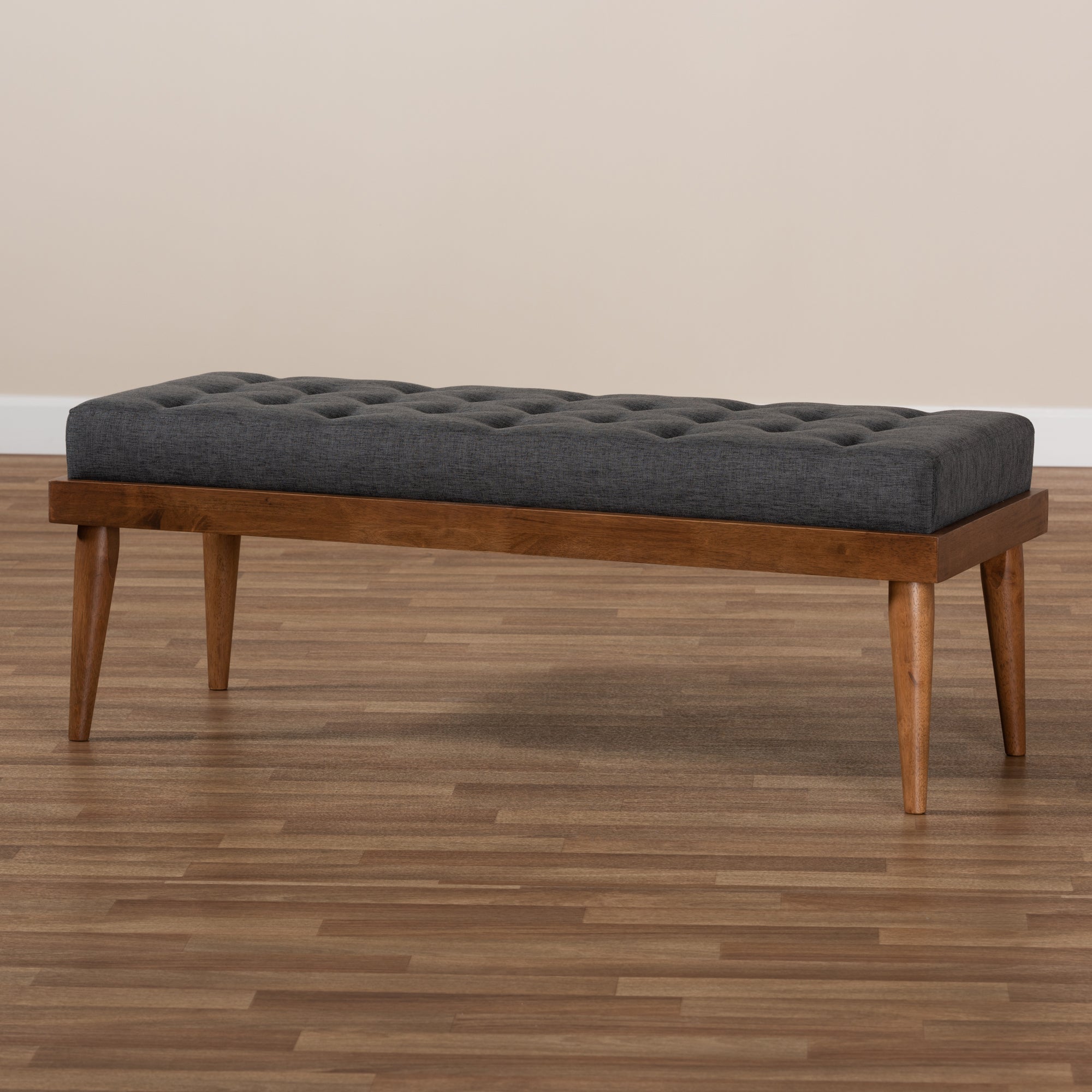 Baxton Studio Linus Mid-Century Modern Dark Grey Fabric Upholstered and Button Tufted Wood Bench