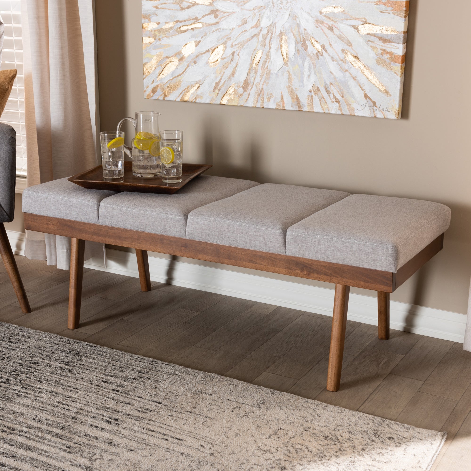 Baxton Studio Larisa Mid-Century Modern Grayish Beige Fabric Upholstered Wood Bench