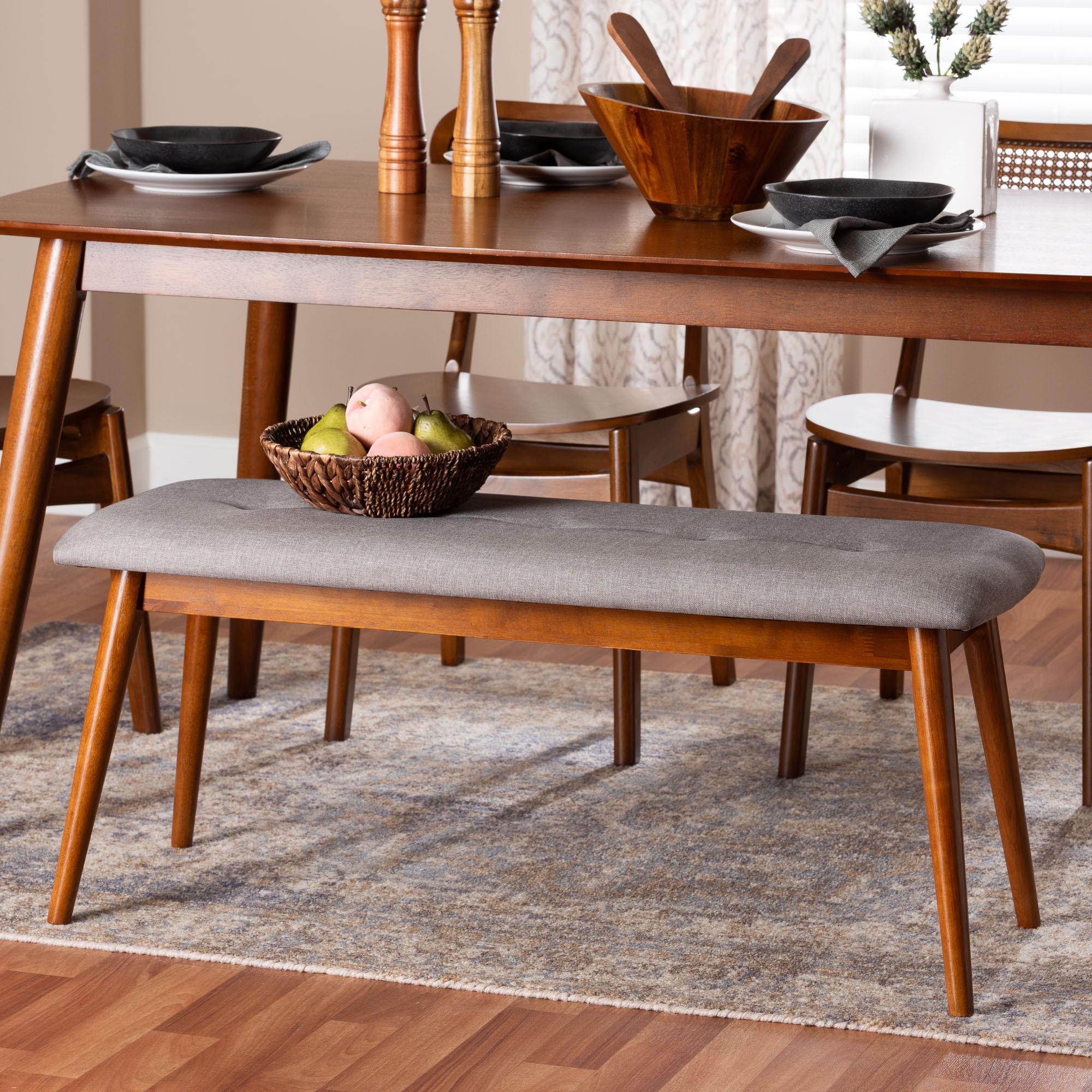 Baxton Studio Flora II Mid-Century Modern Light Grey Fabric Upholstered Medium Oak Finished Wood Dining Bench