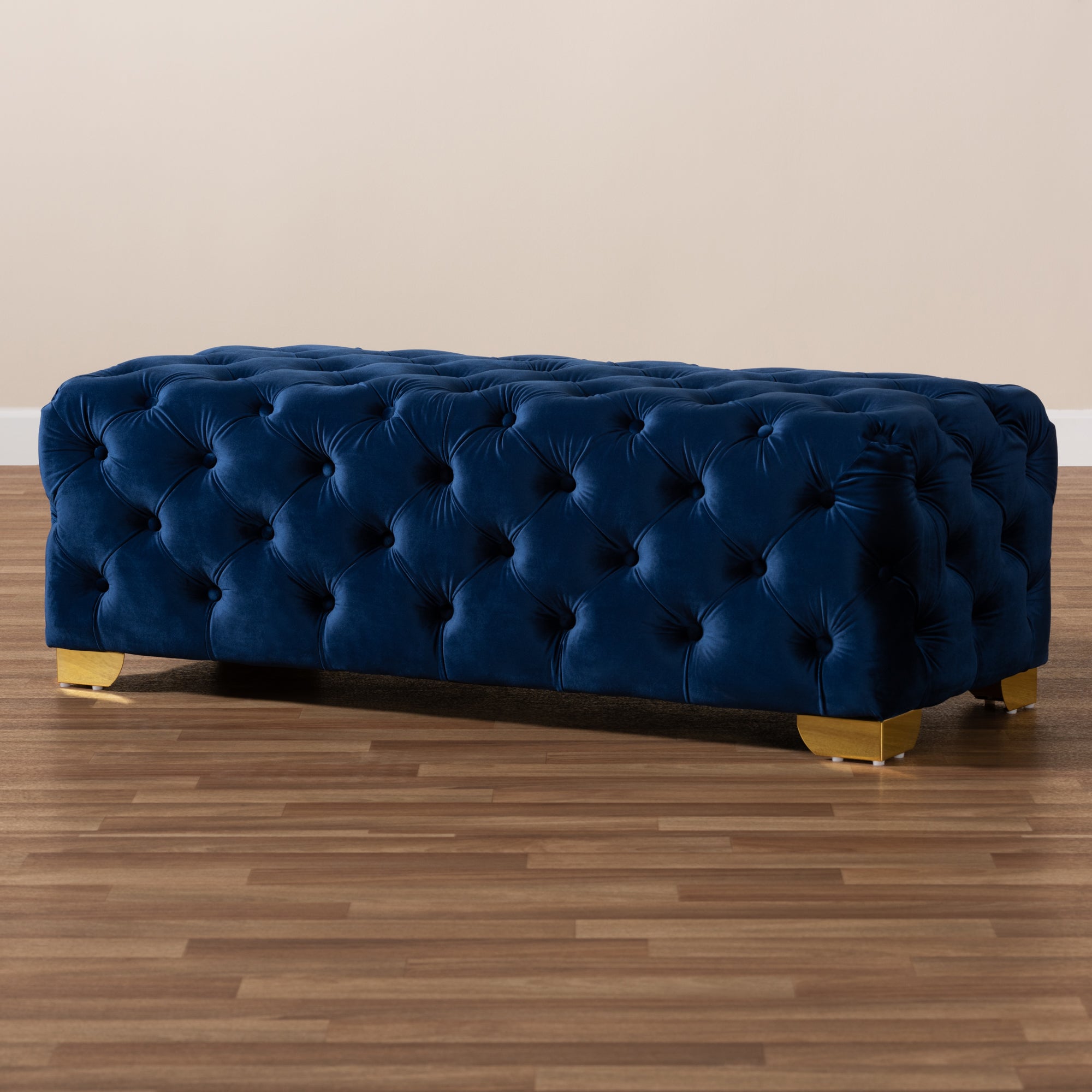 Baxton Studio Avara Glam and Luxe Royal Blue Velvet Fabric Upholstered Gold Finished Button Tufted Bench Ottoman