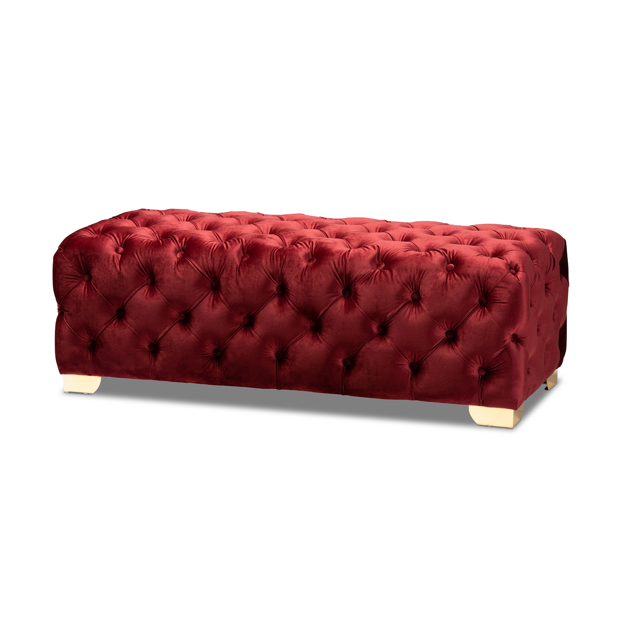 Baxton Studio Avara Glam and Luxe Burgundy Velvet Fabric Upholstered Gold Finished Button Tufted Bench Ottoman