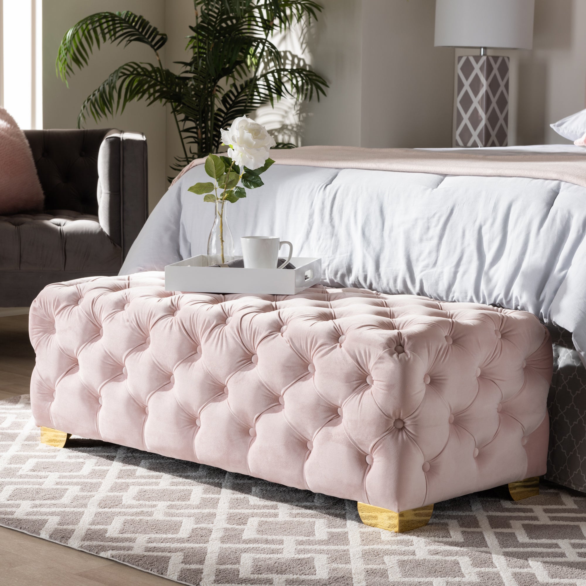 Baxton Studio Avara Glam and Luxe Light Pink Velvet Fabric Upholstered Gold Finished Button Tufted Bench Ottoman
