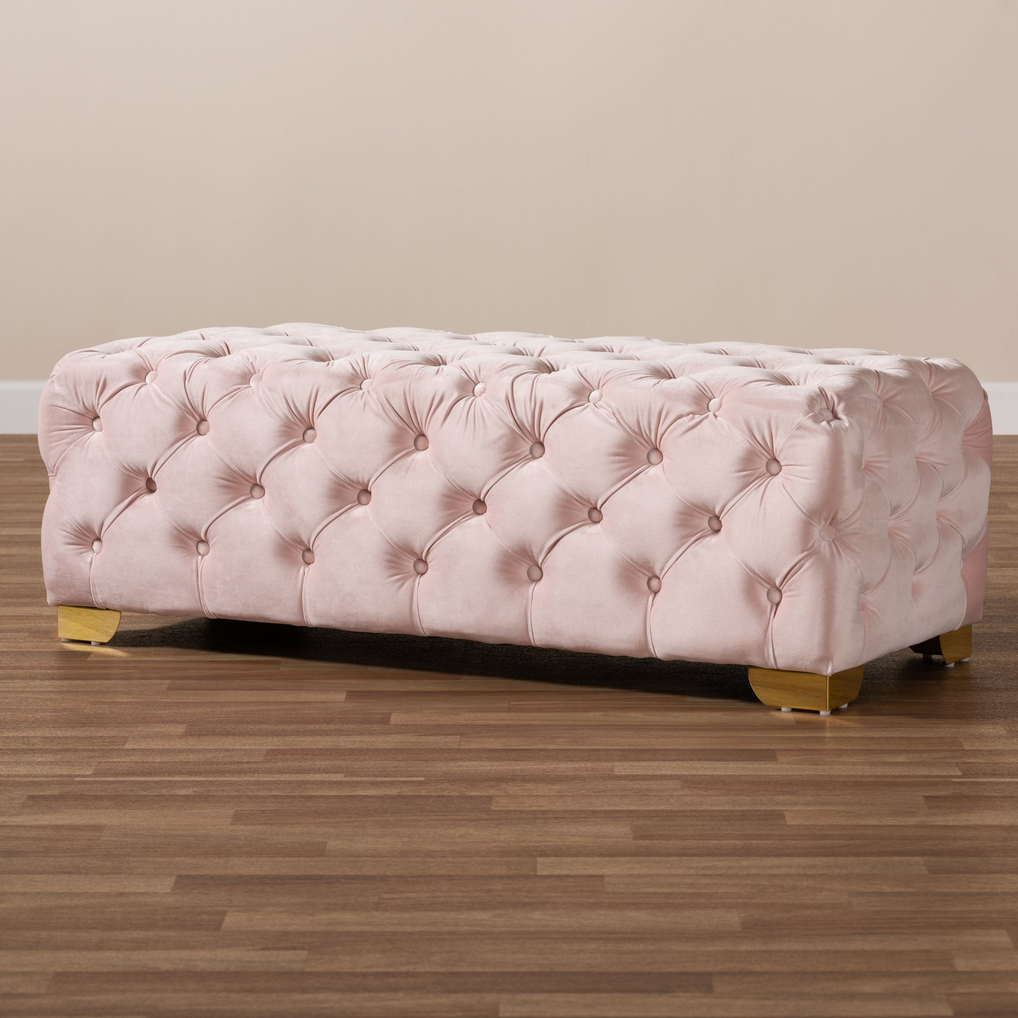 Baxton Studio Avara Glam and Luxe Light Pink Velvet Fabric Upholstered Gold Finished Button Tufted Bench Ottoman