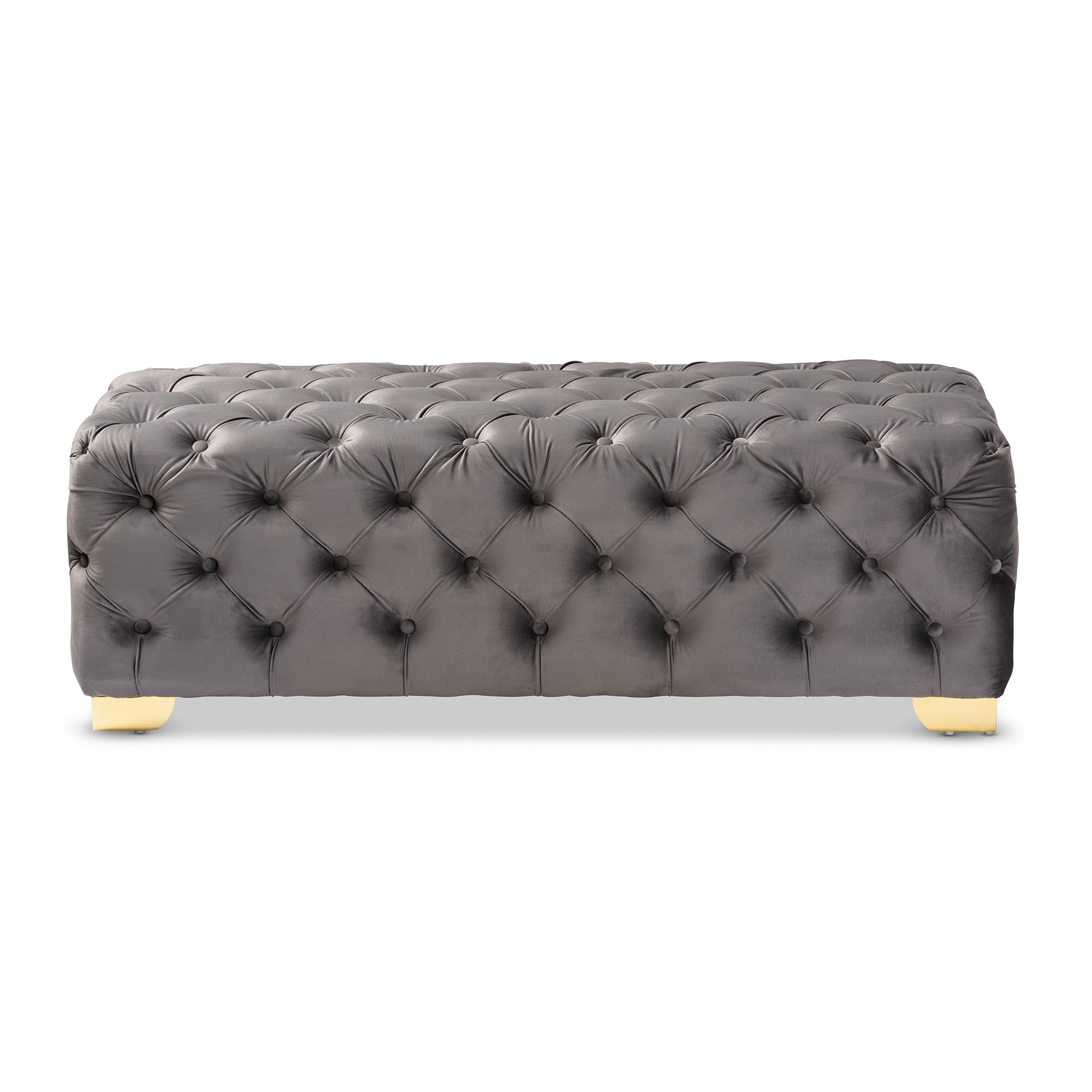 Baxton Studio Avara Glam and Luxe Gray Velvet Fabric Upholstered Gold Finished Button Tufted Bench Ottoman