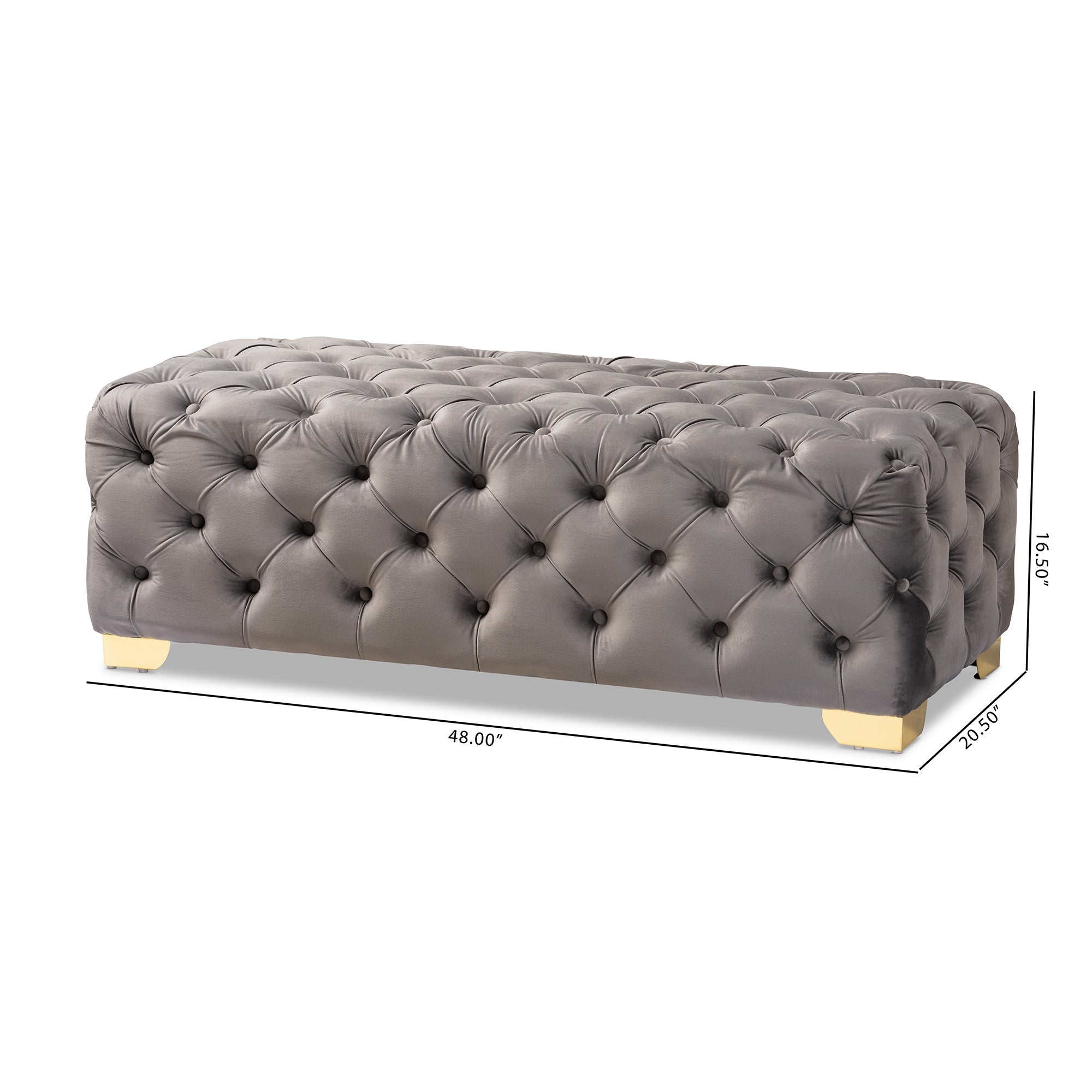 Baxton Studio Avara Glam and Luxe Gray Velvet Fabric Upholstered Gold Finished Button Tufted Bench Ottoman