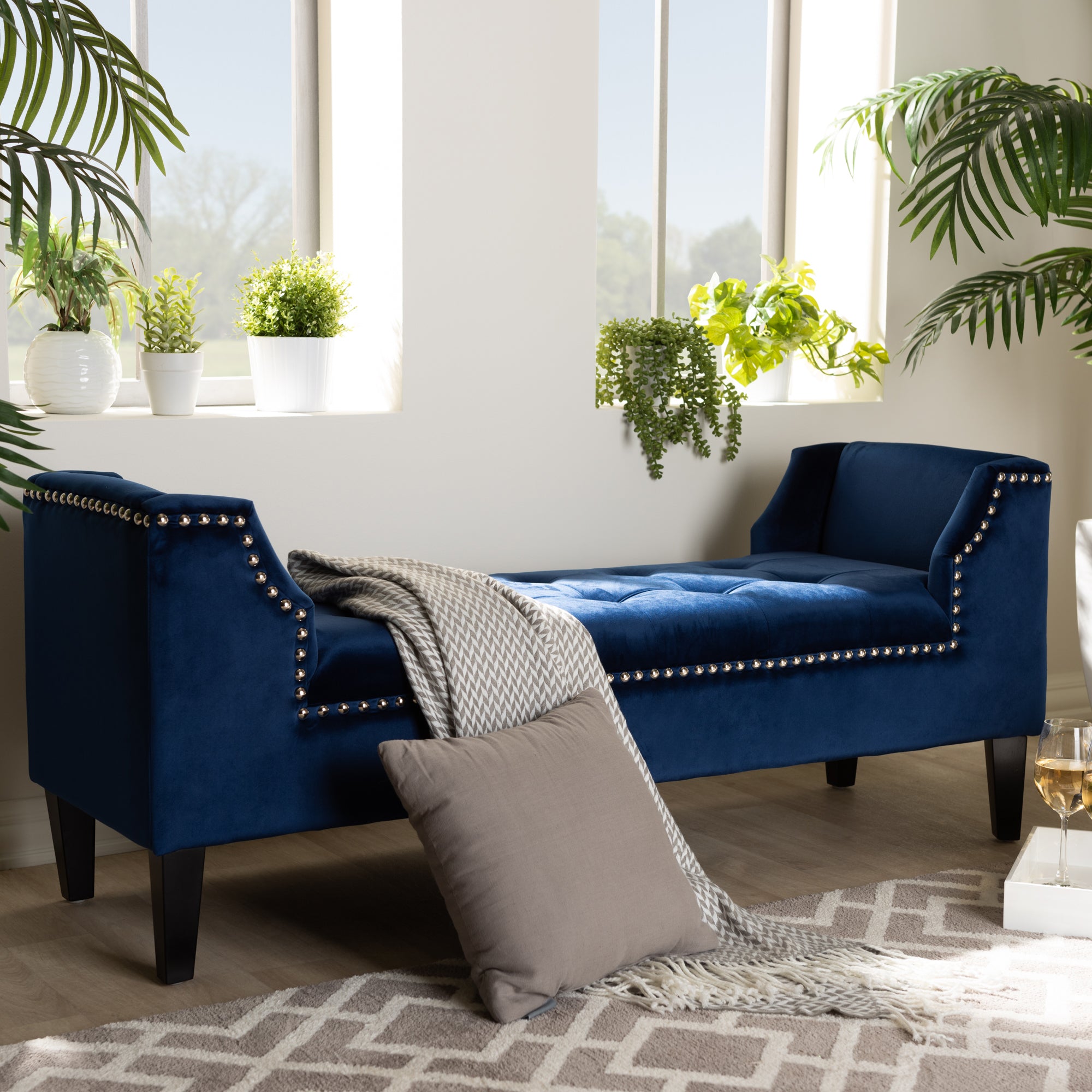 Baxton Studio Perret Modern and Contemporary Royal Blue Velvet Fabric Upholstered Espresso Finished Wood Bench