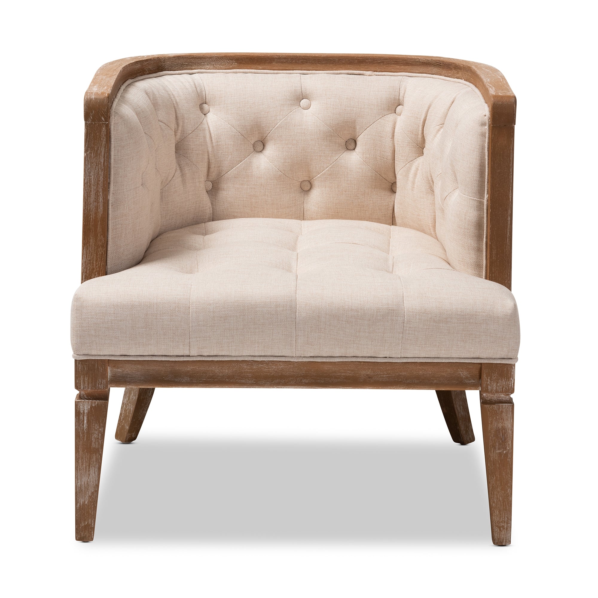 Baxton Studio Esme French Provincial Beige Linen Fabric Upholstered and White-Washed Oak Wood Accent Barrel Chair