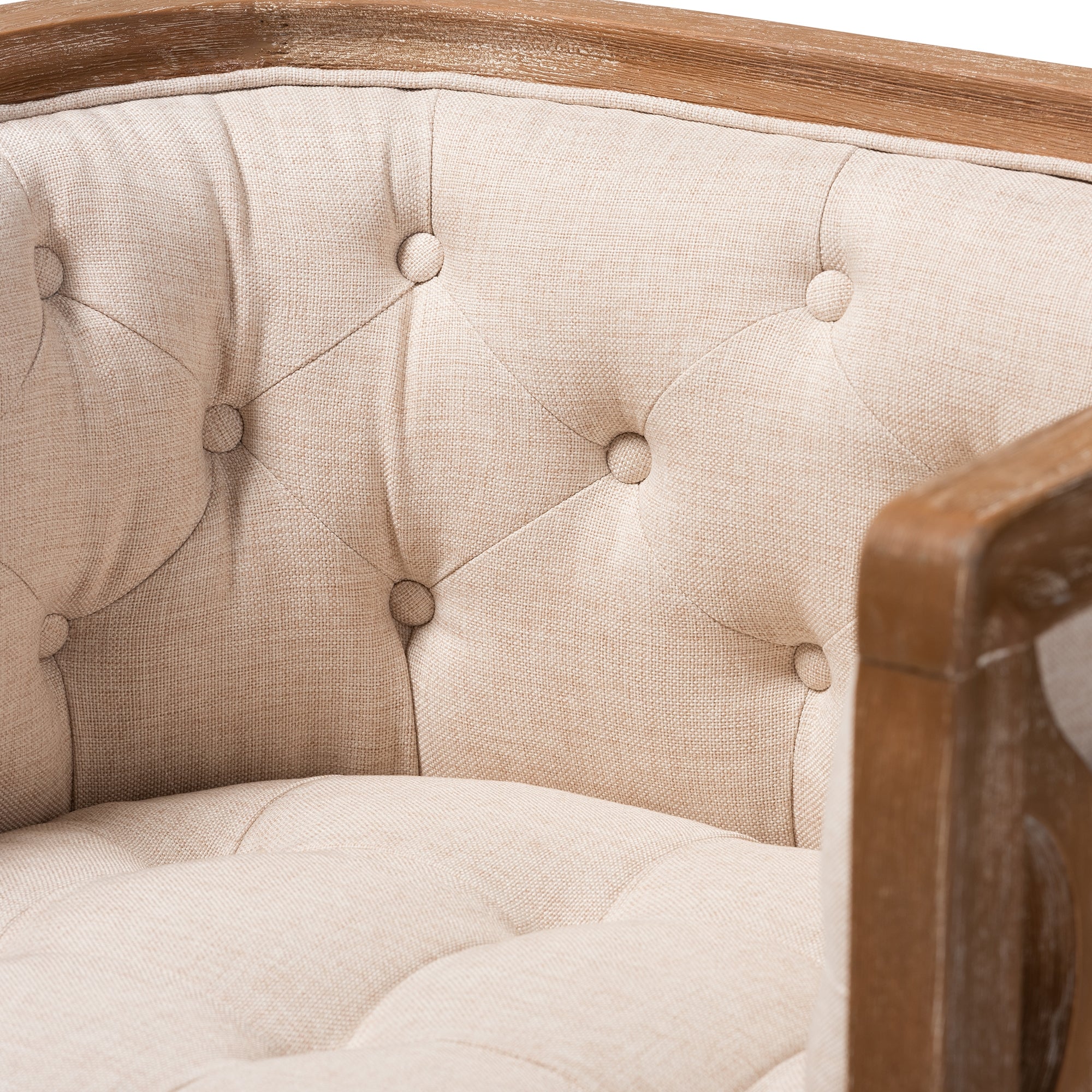 Baxton Studio Esme French Provincial Beige Linen Fabric Upholstered and White-Washed Oak Wood Accent Barrel Chair