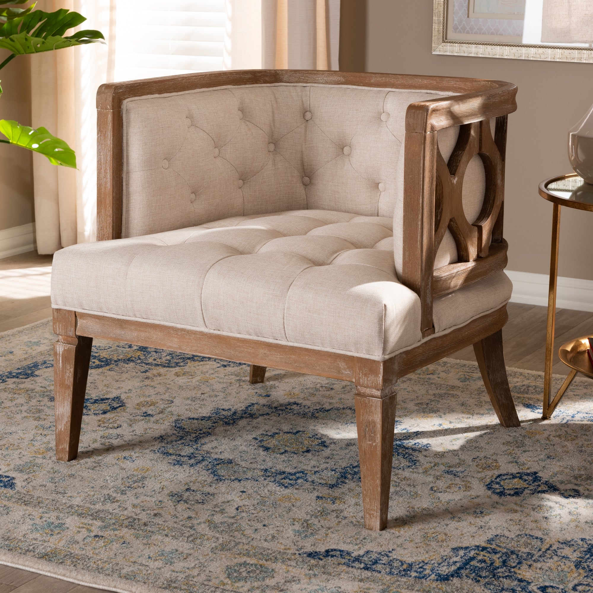 Baxton Studio Esme French Provincial Beige Linen Fabric Upholstered and White-Washed Oak Wood Accent Barrel Chair