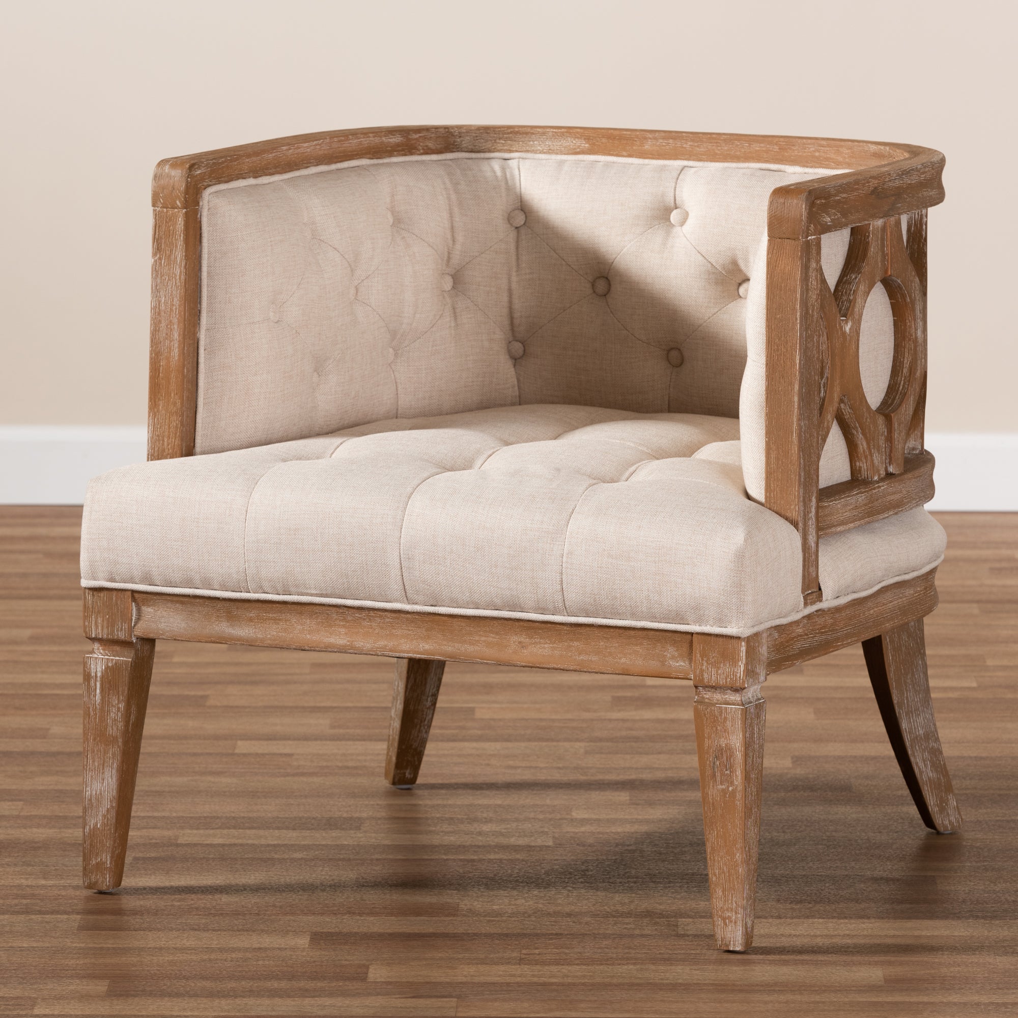 Baxton Studio Esme French Provincial Beige Linen Fabric Upholstered and White-Washed Oak Wood Accent Barrel Chair