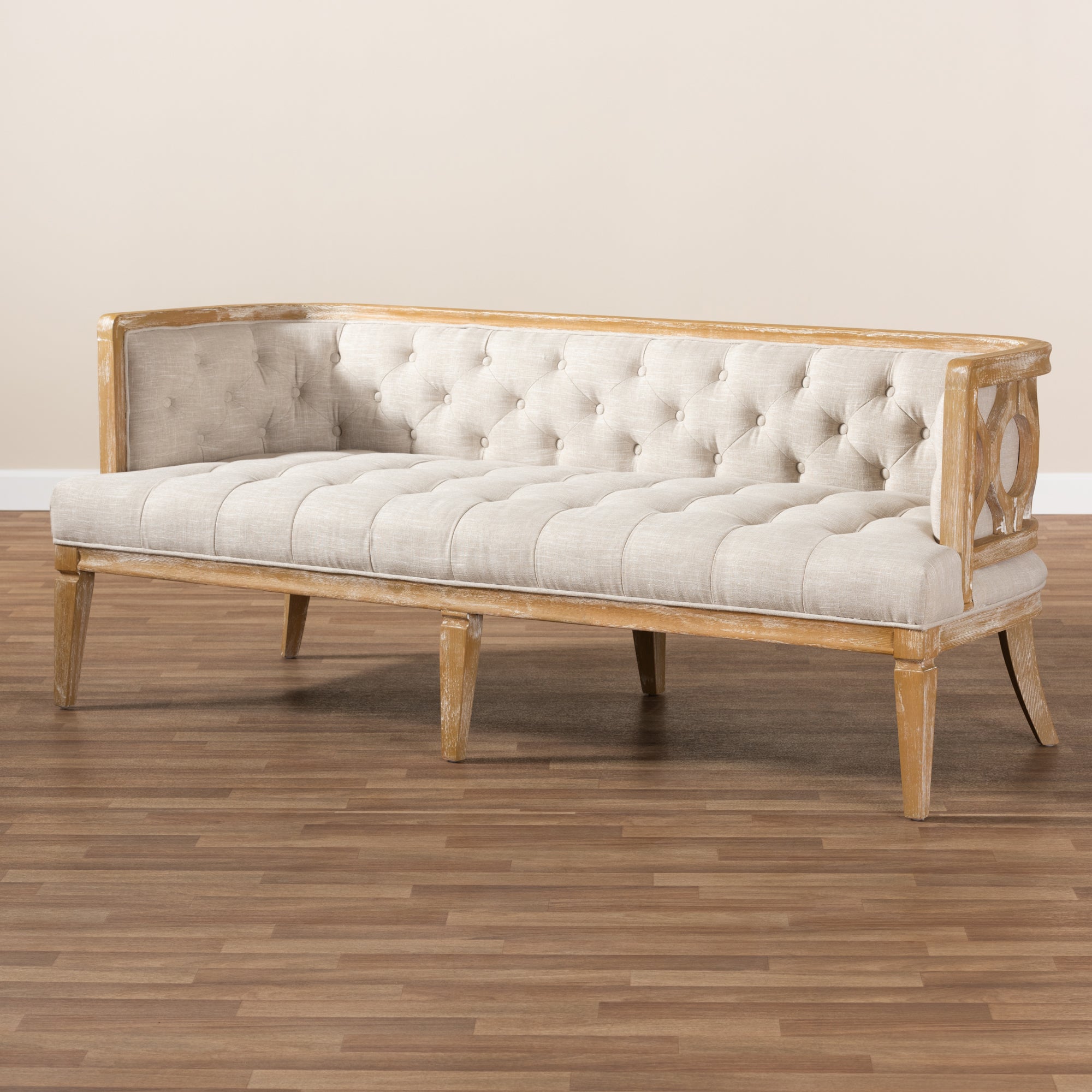 Baxton Studio Agnes French Provincial Beige Linen Fabric Upholstered and White-Washed Oak Wood Sofa