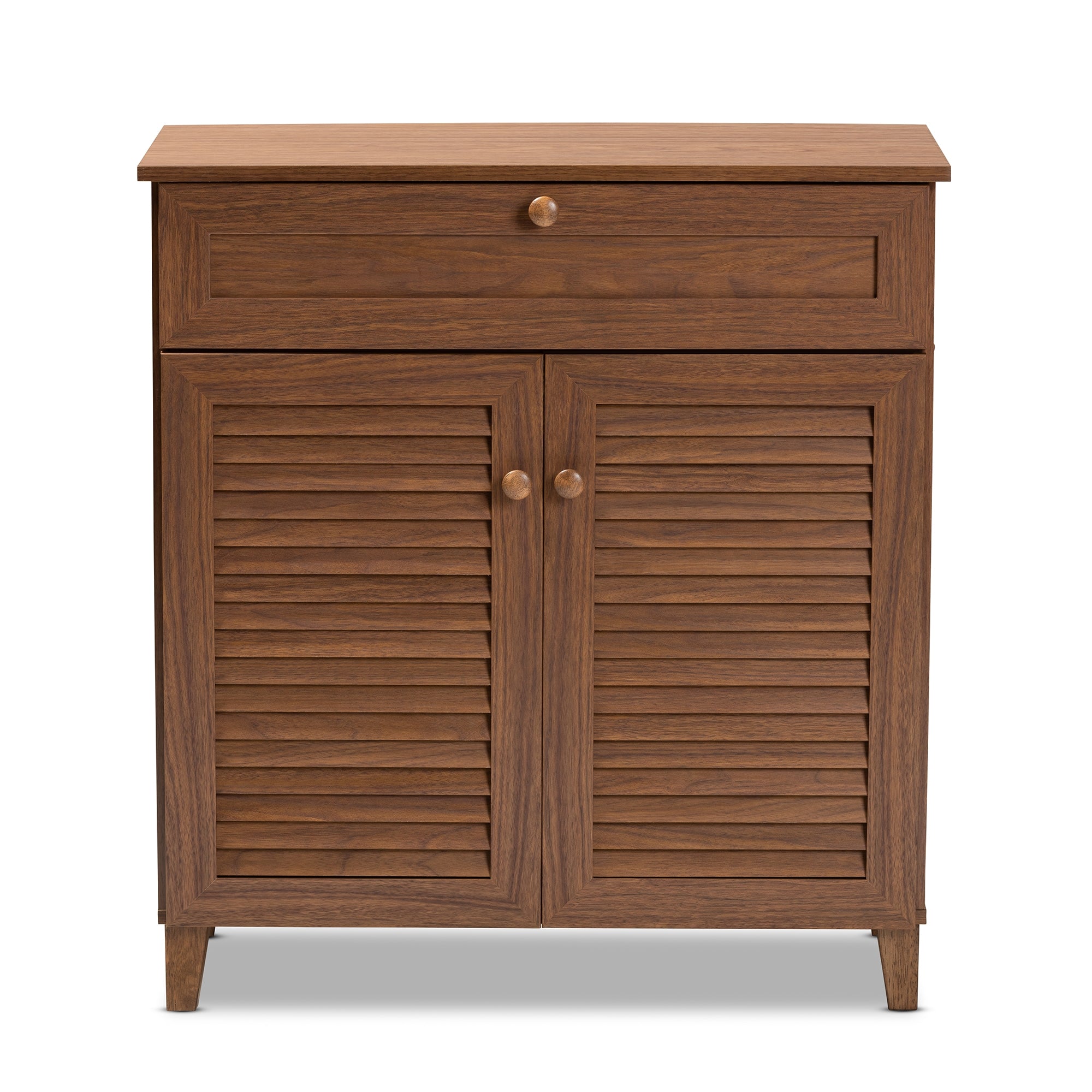 Baxton Studio Coolidge Modern and Contemporary Walnut Finished 4-Shelf Wood Shoe Storage Cabinet with Drawer