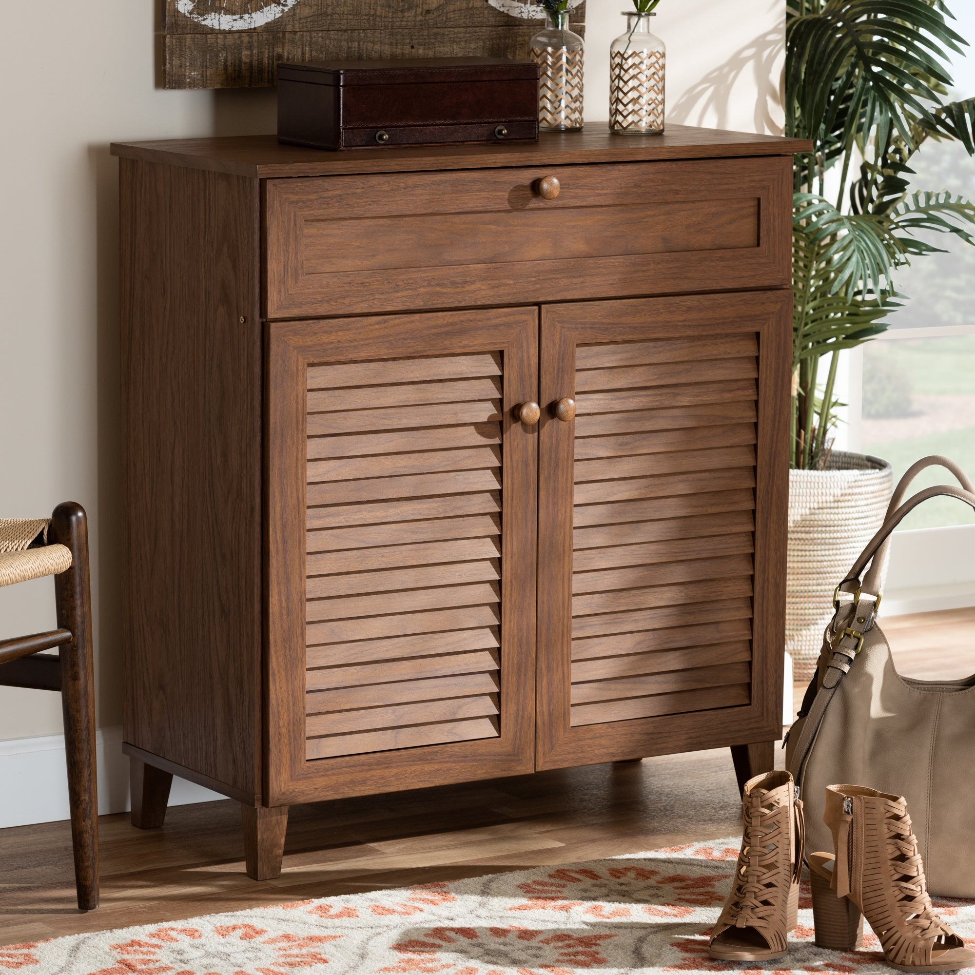 Baxton Studio Coolidge Modern and Contemporary Walnut Finished 4-Shelf Wood Shoe Storage Cabinet with Drawer