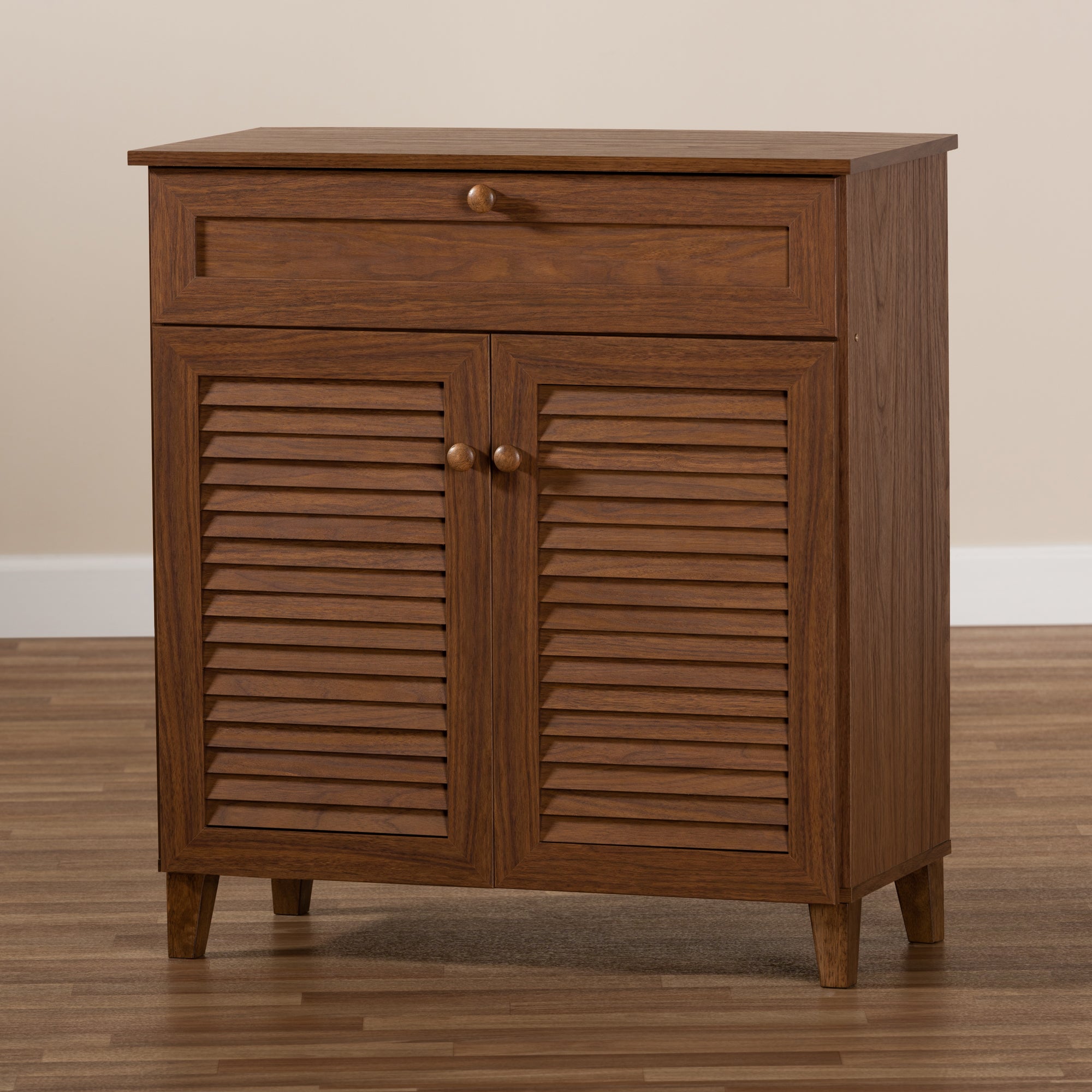 Baxton Studio Coolidge Modern and Contemporary Walnut Finished 4-Shelf Wood Shoe Storage Cabinet with Drawer